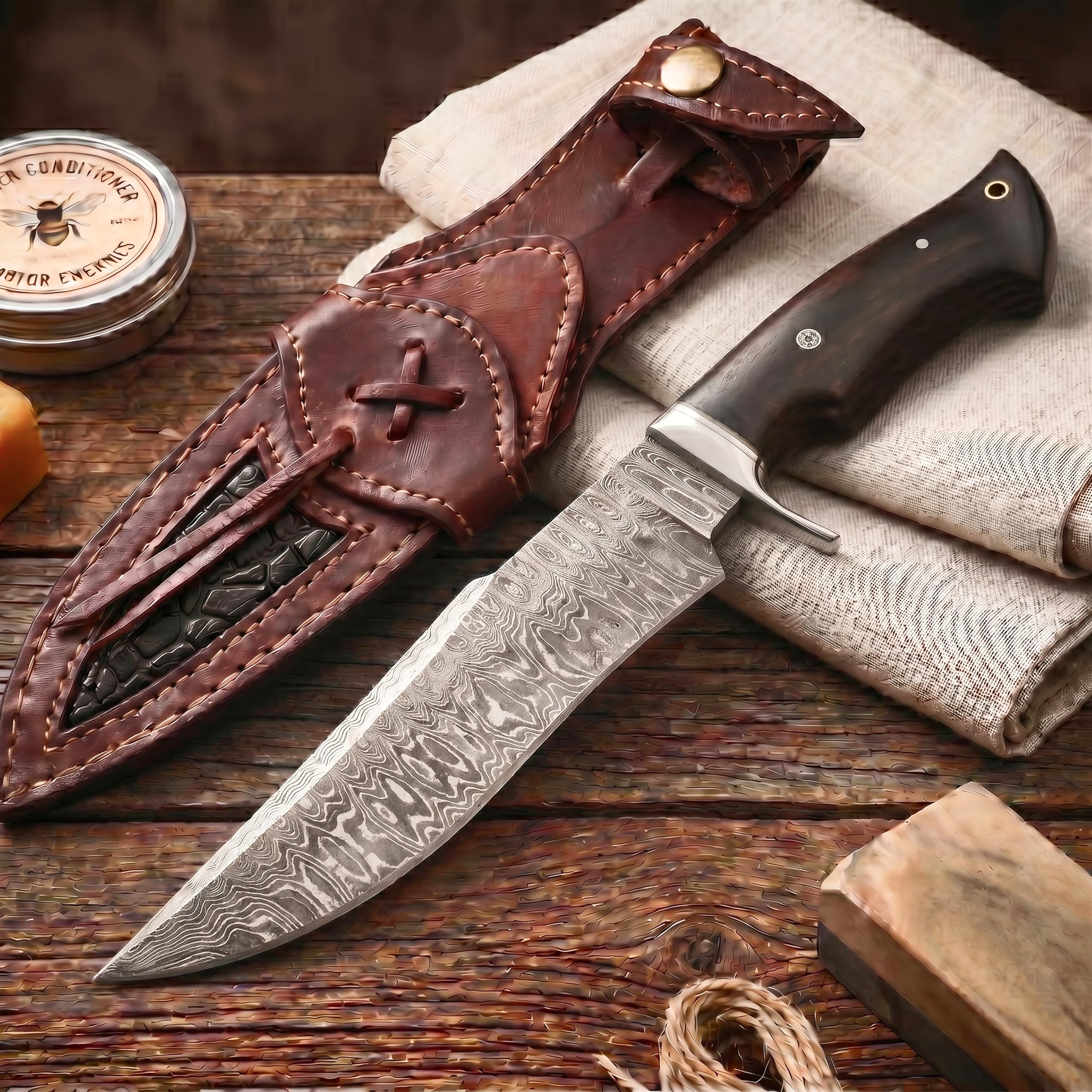 BIGCAT ROAR Leopard Hunter - Coltello da Caccia Grande in Acciaio Damasco Artigianale 30 5 cm - Manico Legno di Noce e Fodero Cuoio - Bushcraft Campeggio Sopravvivenza - Regalo Uomo o Collezionista