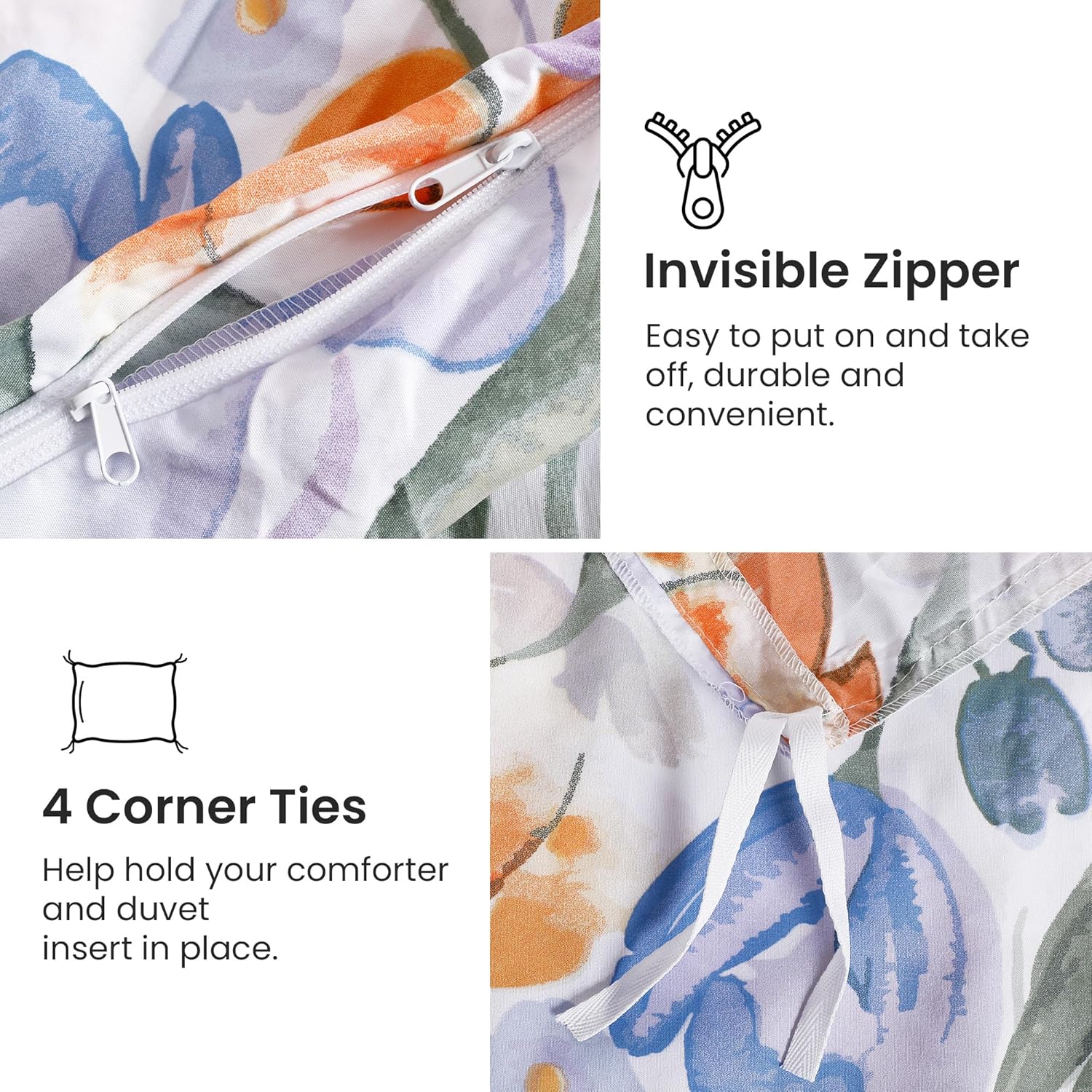 Mooreeke Duvet Cover Queen Size, 3 Piece Purple Orange Floral Duvet Cover Set with Zipper Closure, Soft & Breathable Botanical Patterns Microfiber Bedding Set with 4 Corner Ties and 2 Pillow Shams