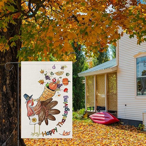 Miniatura 2 de Heyfibro Bandera de jardín de Acción de Gracias de 12 x 18 pulgadas, arpillera de doble cara, pavo, otoño, calabaza, cornucopia, cuerno de abundante