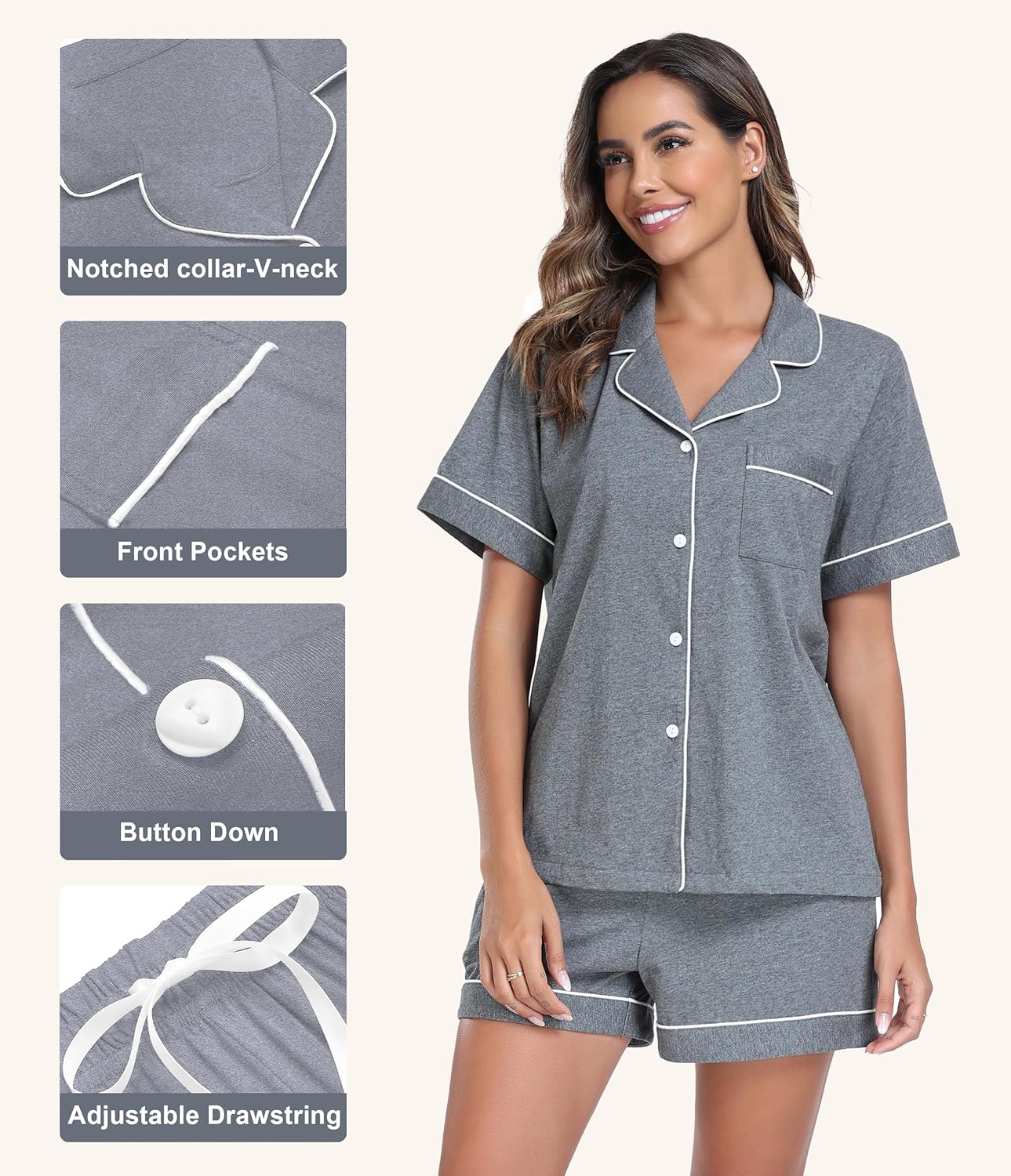 ANLIQI Womens 100% Cotton Pajama Sets Shorts Soft Short Sleeve Pj Sets Summer Pajamas for Women Button Down Sleepwear S-XXL
