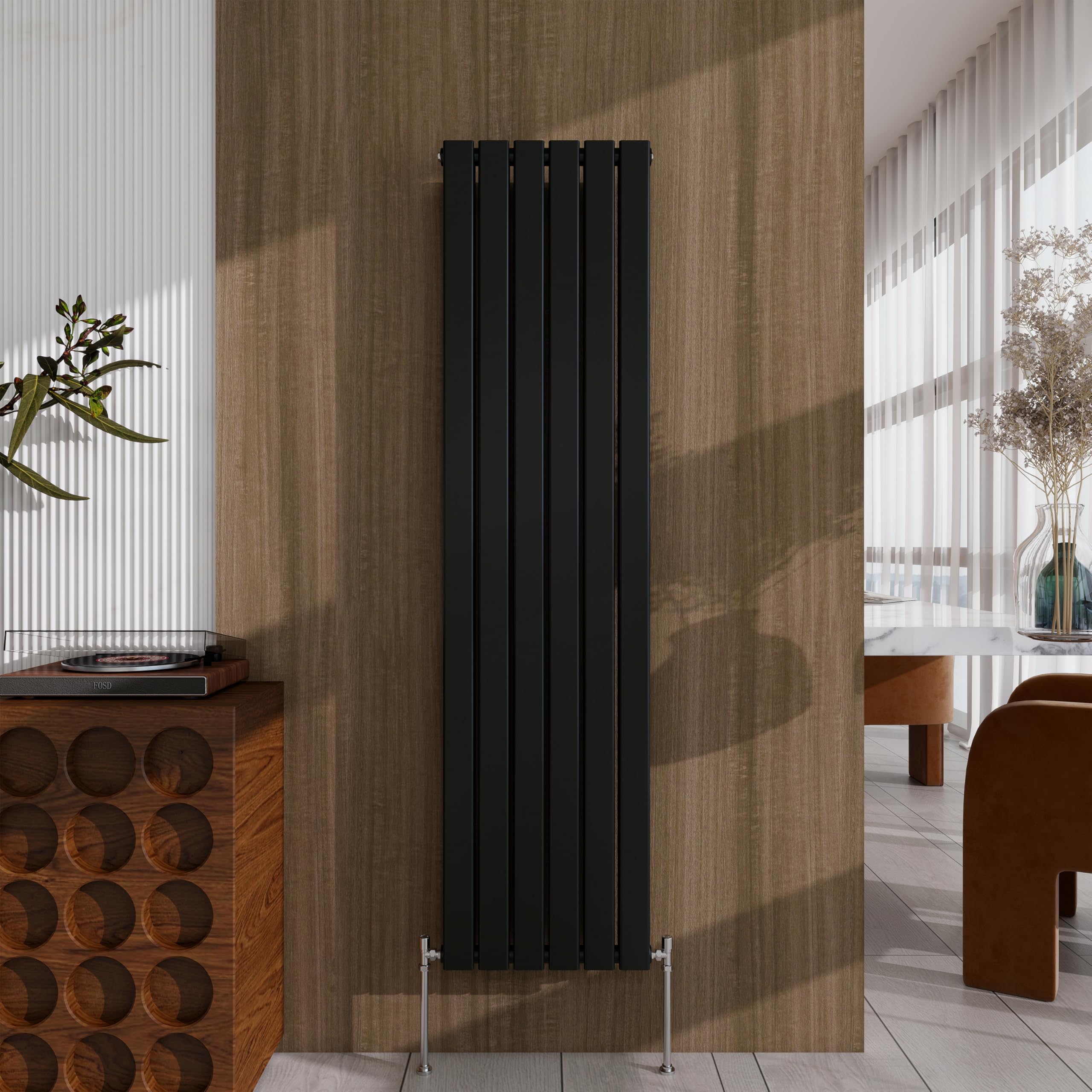 Black Vertical Designer Radiator – 1600×408mm Double Panel Flat – Modern Central Heating Bathroom Radiator