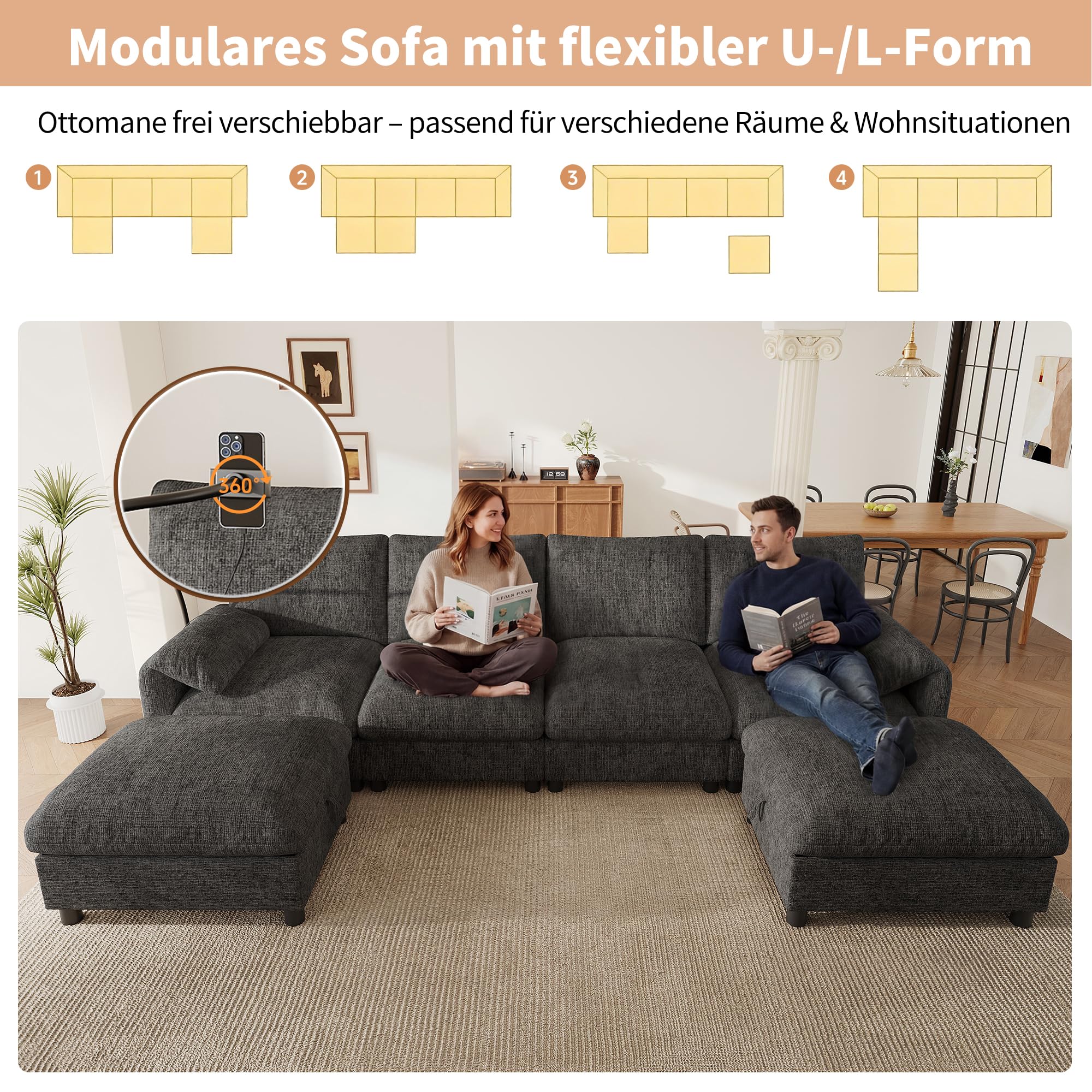 Sofá modular en forma de U con espacio de almacenamiento, felpilla, color gris (gris-A, 6 plazas)
