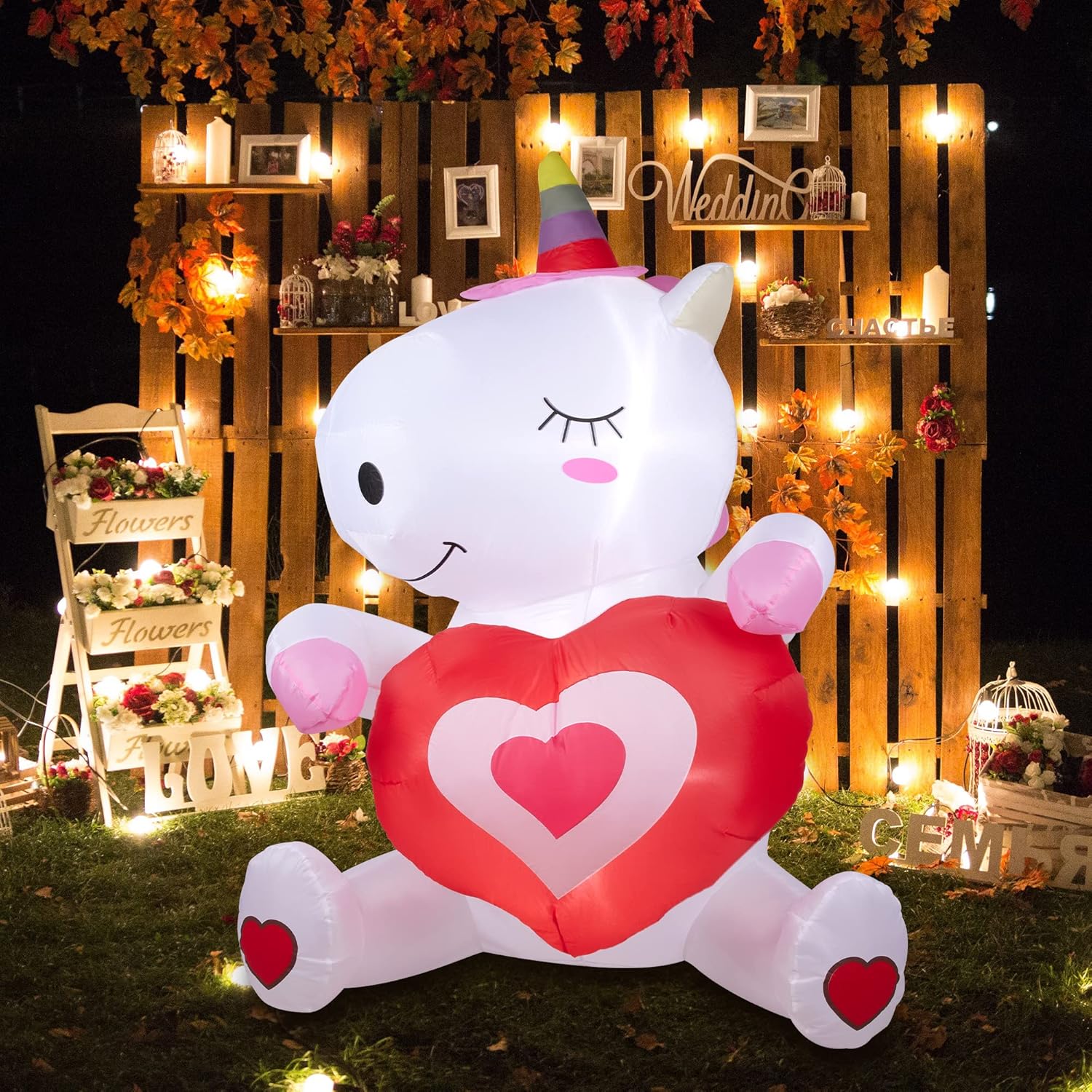 HOOJO 5 FT Valentines Day Decoration, Inflatable Outdoor Holiday Yard Decorations, Valentines Inflatables Outdoor Decorations, Unicorn with Heart Build-in LED for Holiday Lawn, Yard, Garden : Patio, Lawn & Garden