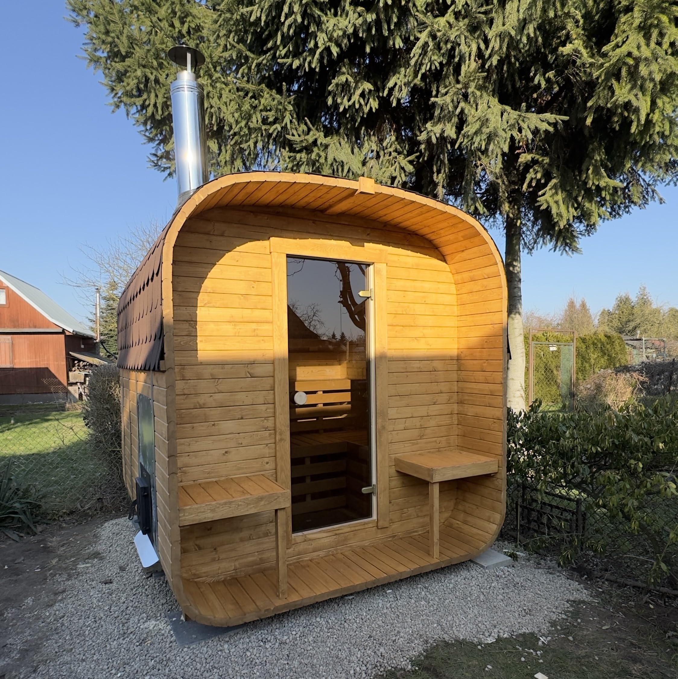Fasssauna Gartensauna aus Fichtenholz mit Holzofen ETNA – 4–6 Personen