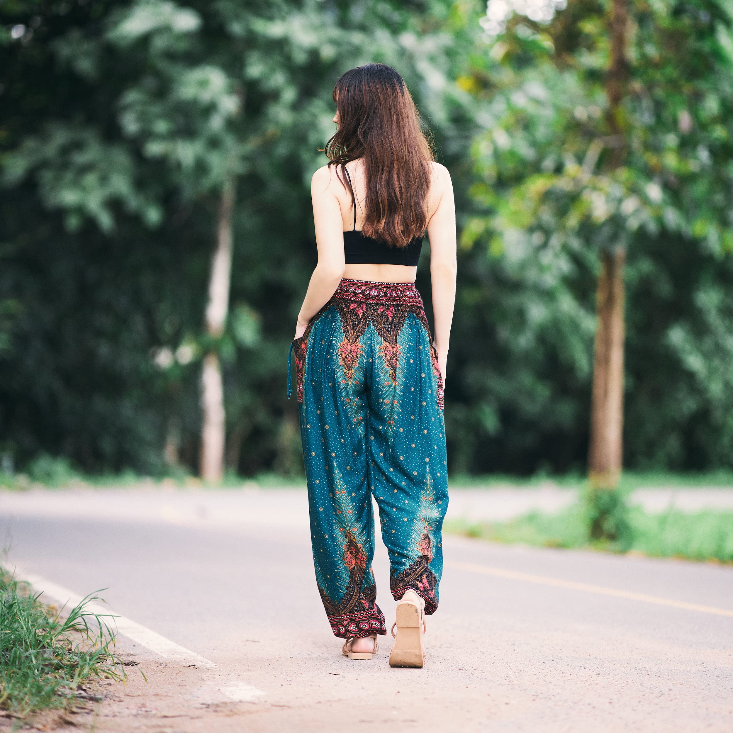 Lannaclothesdesign Damskie spodnie haremki do jogi boho z marszczoną talią ubrania hipisowskie