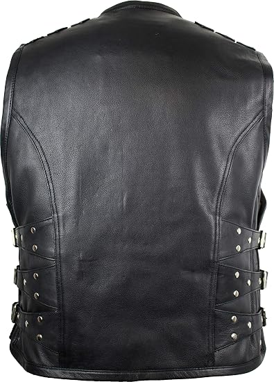 MDM Gilet Uomo In Vera Pelle Nera, Senza Maniche, Espandibile Con Cerniere, 3 Fibbie Moschettone, Taglia XXXXL