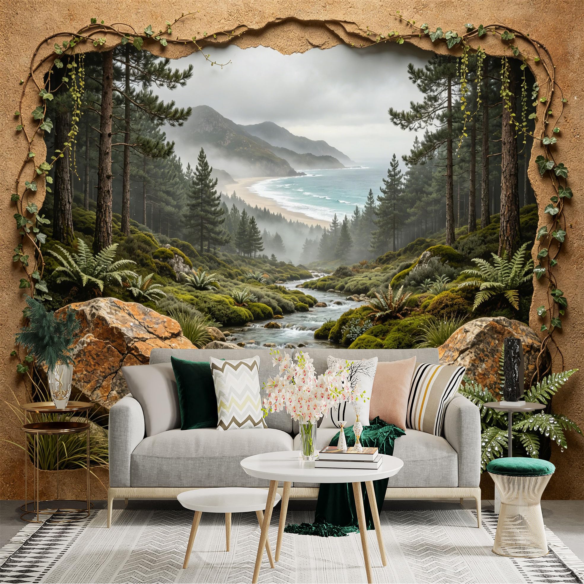 Custom Size Wall Sticker Mural， Forest River with Rocky Coast and Ocean View， for wall Decoration， peelandstick wall Decals.