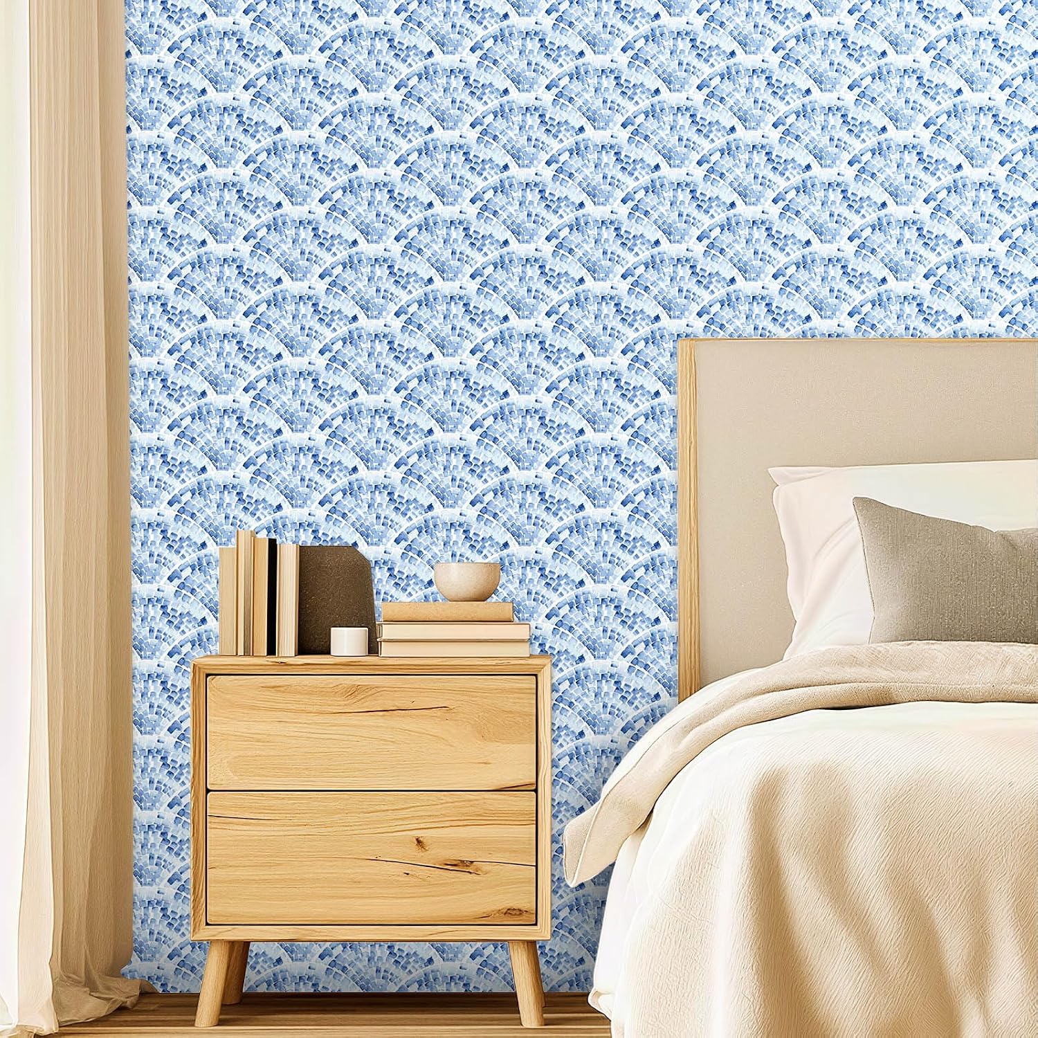 Blue Geometric Peel and Stick Wallpaper, Watercolor Scallop Self-Adhesive Vinyl Wallpaper for Home Decor – 17.7" x 118"