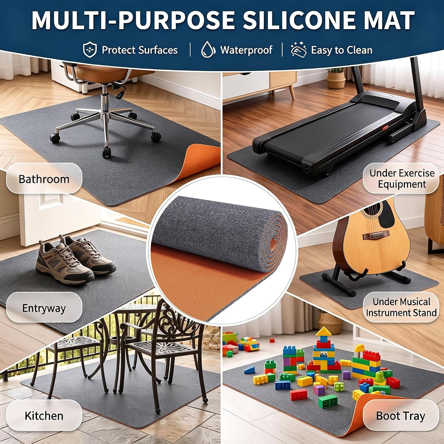 amzwkt Under Washing Machine Mat, 10mm Thick 63x40 Inch Extra Large Waterproof Floor Protector, Rubber Backing Non-Slip Shock Absorbing Noise Reducing Mat for Washer Dryer Refrigerator