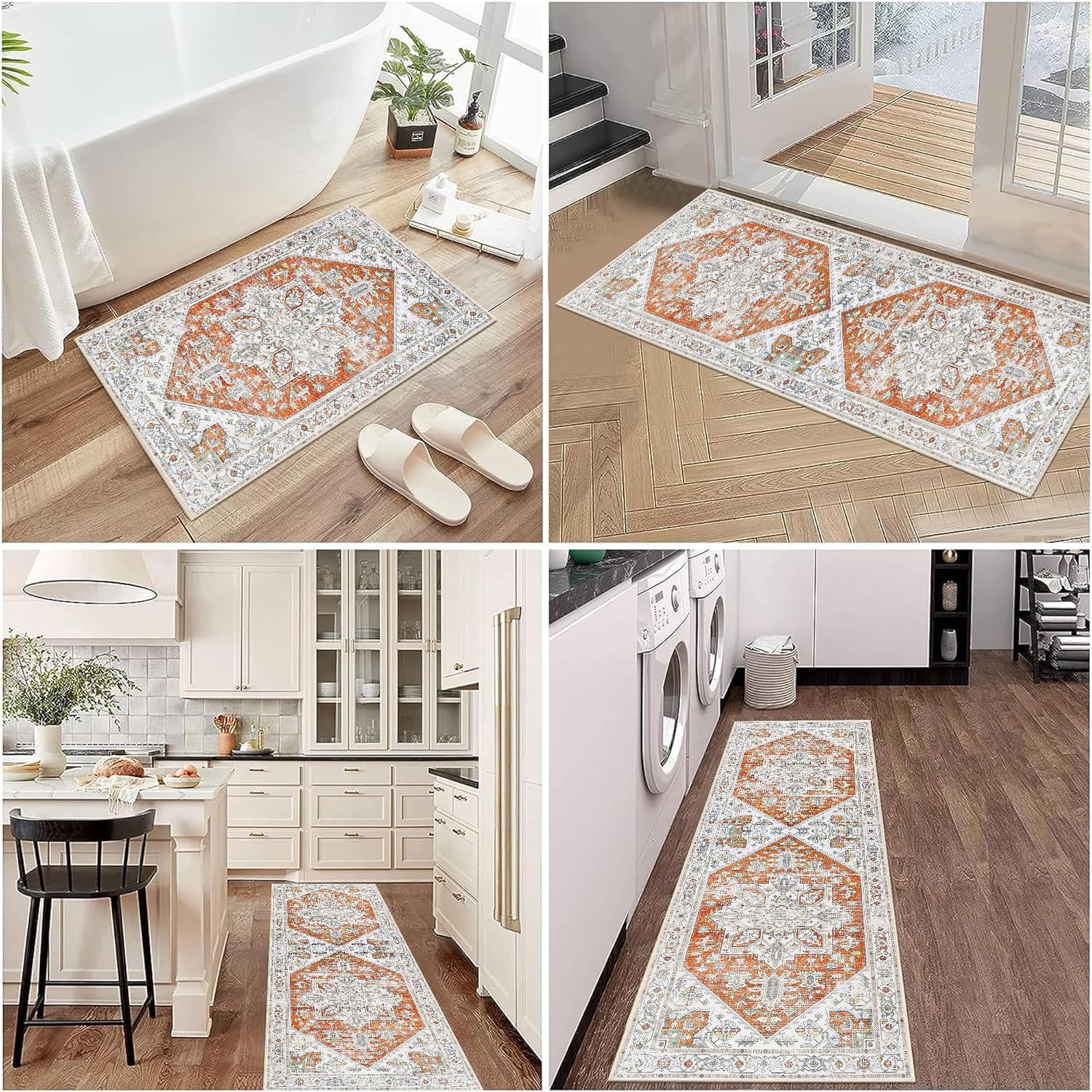 Bathroom Rugs Vintage Boho Bath Mats Light Orange Non Slip Bath Rug Comfy Velvet Washable Bath Mat Shower Rug for Bathroom Floor Sink Shower Vanity 18X47 Inch (Orange, 18X47 Inch)