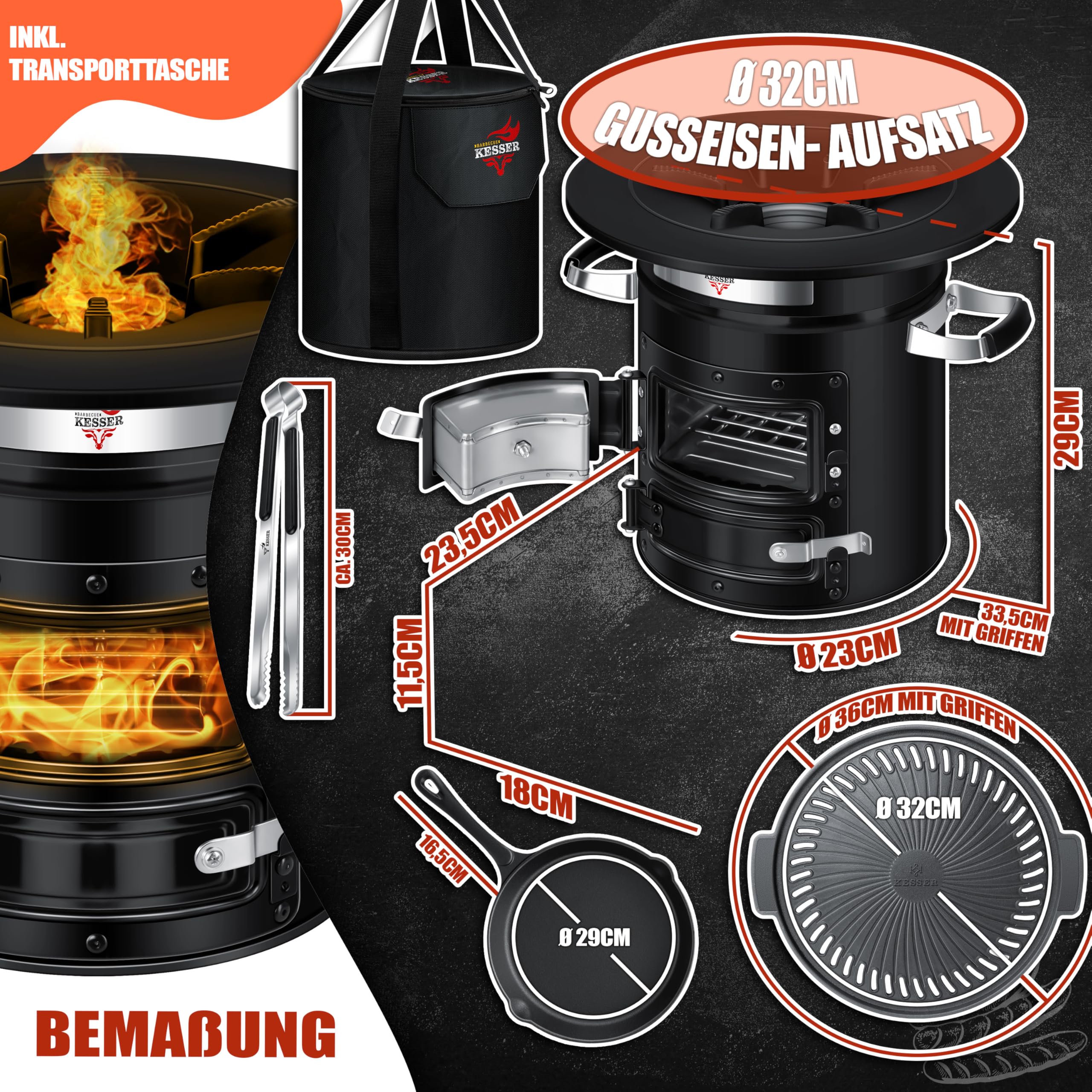 KESSER® Horno de Cohetes Con Sartén de Hierro Fundido, Parrilla, Pinzas y Bolsa de Transporte, Horno Holandés Para Barbacoa, Cohete de Leña, Camping, de Acero Inoxidable