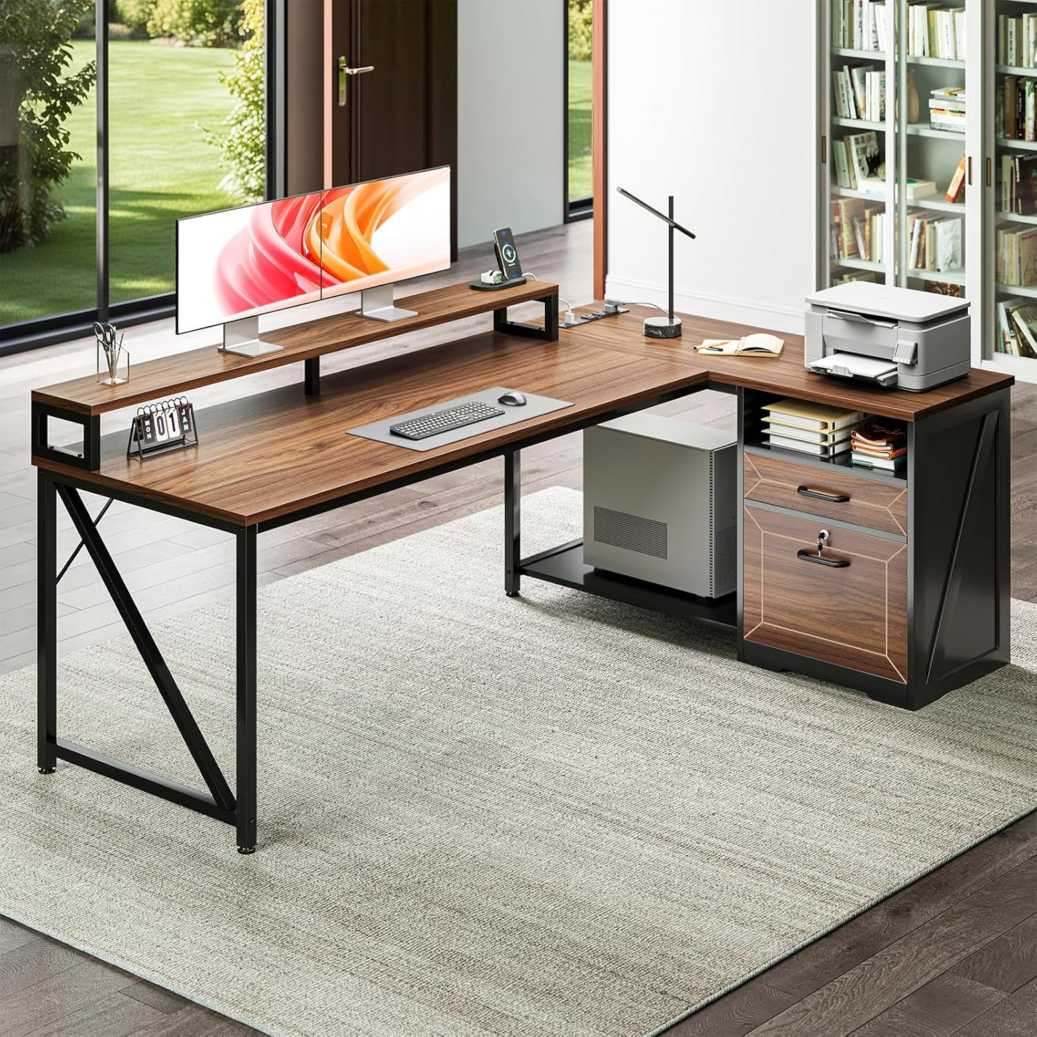 AODK L Shaped Desk with Wooden Drawers & Locking File Cabinet, 61 Inch Large Executive Desk with Power Outlet, Led Computer Desk with Storage, Corner Office desk with Monitor Stand & CPU Stand, Walnut