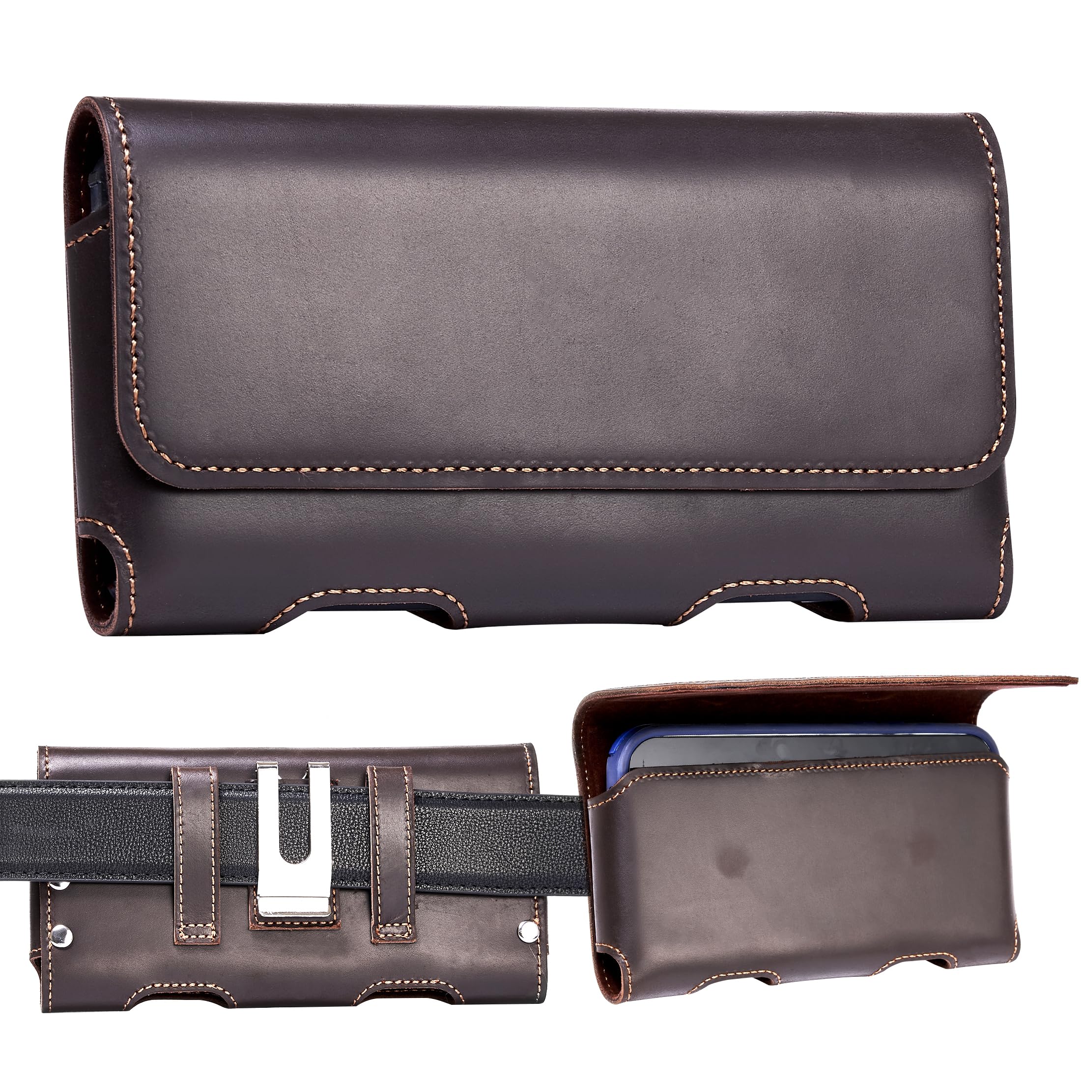Gcepls Custodia in pelle per iPhone 16 15 14 13 12 11 Pro, XR, XS, Samsung Galaxy S23 S22 S21 S20 M01 Core, in vera pelle con clip per cintura, in pelle (marrone scuro, M)