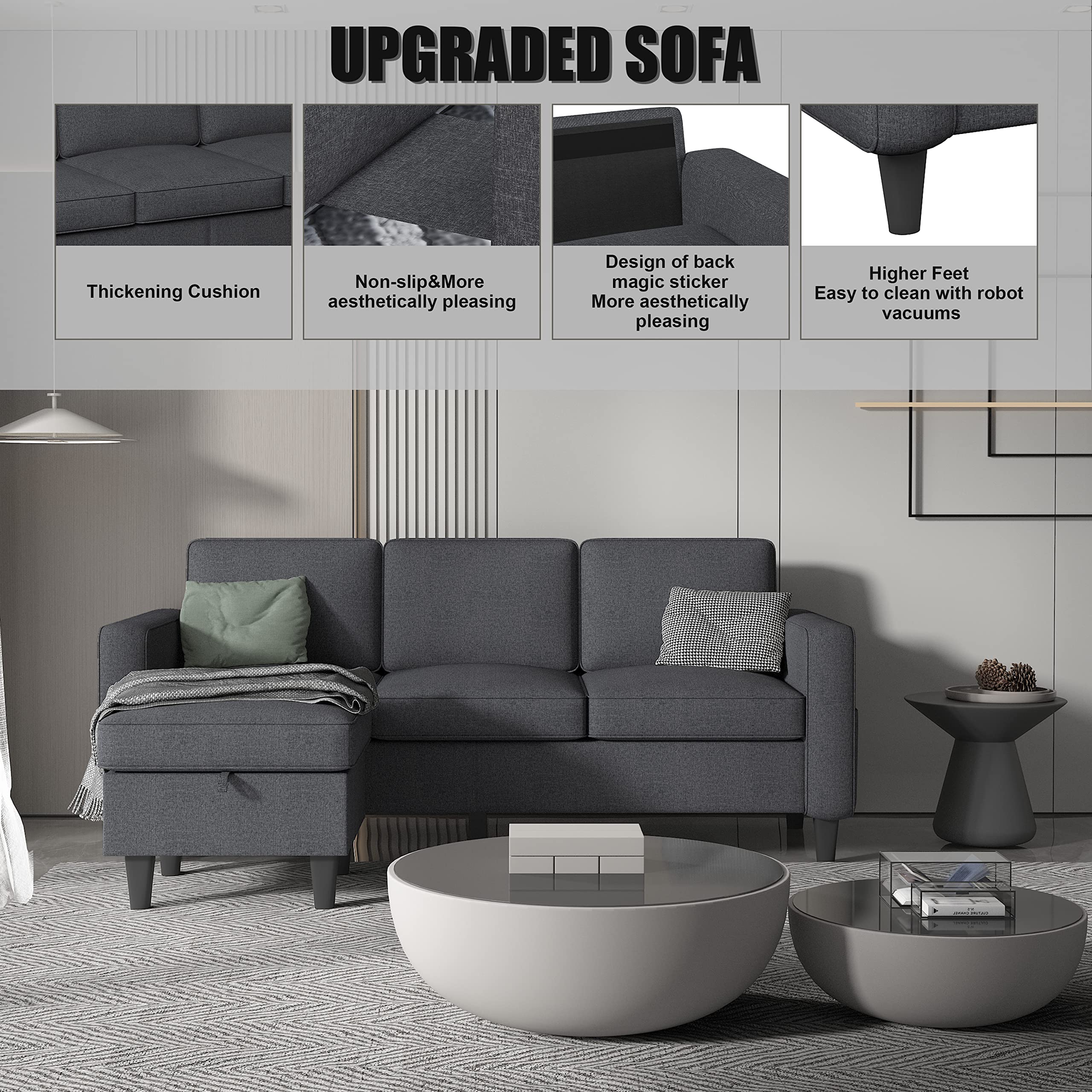 Amazon.com: Dark Grey Convertible Sectional Sofa Couch,Modern