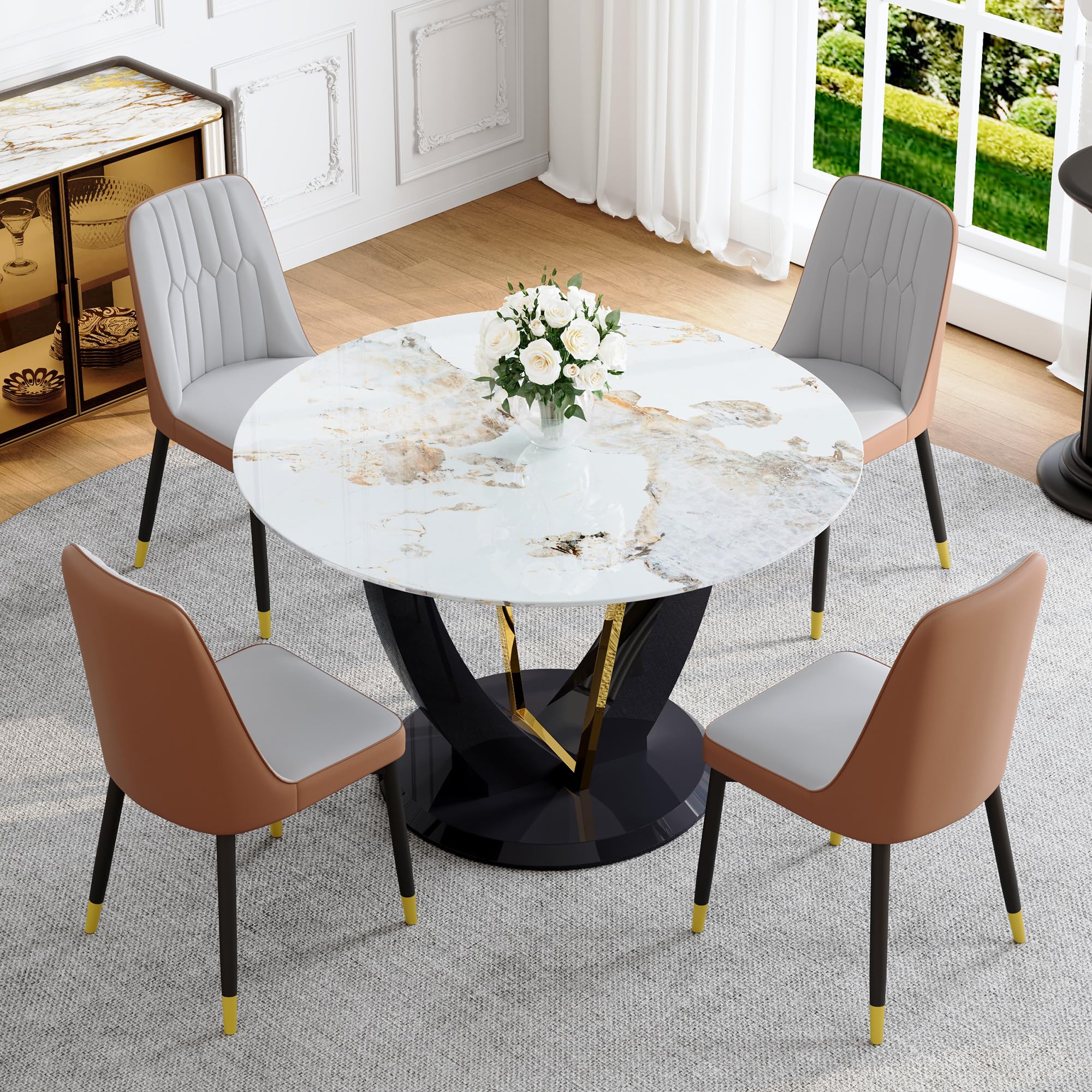 LFVFFA faux marble glass top round dining set
