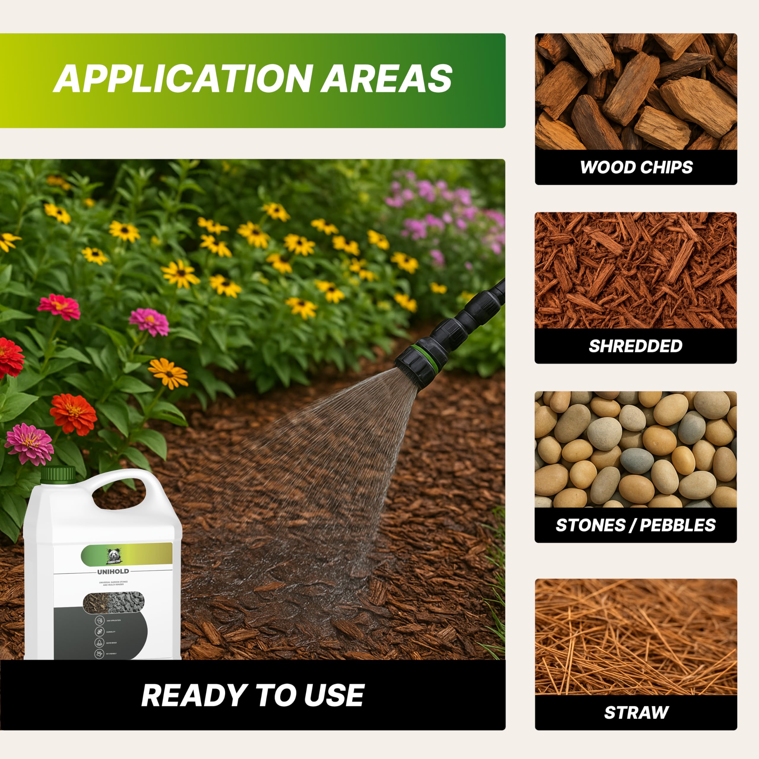 UNIHOLD – Universeller Bindemittel für Gartensteine & Mulch | Haustierfreundlich, Wasserbasiert, Einfache Anwendung | Langlebiger Landschaftskleber (1L / 5L / 10L)