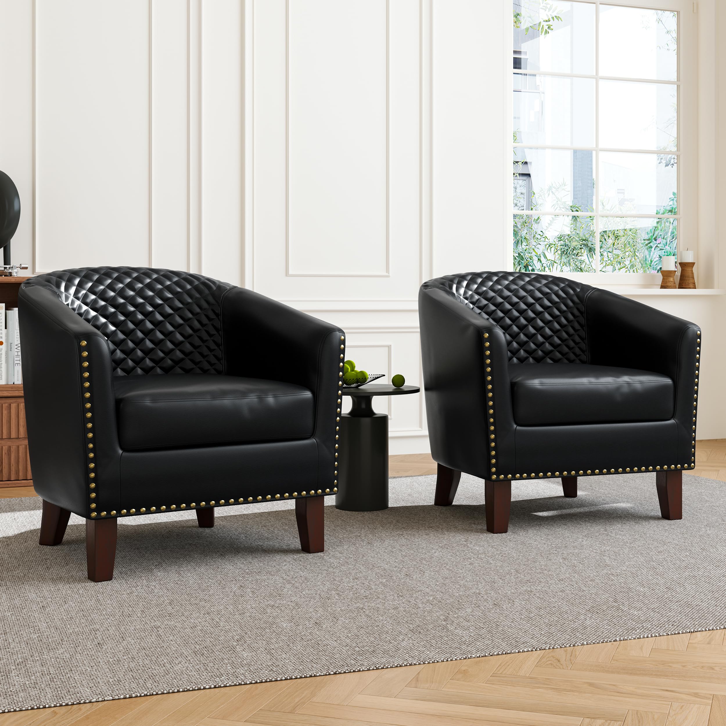 DREAMSIDEA Accent Barrel Chair, Upholstered Faux Leather Club Chair with Nailed Trim, Comfy Reading Armchair for Living Room Bedroom Reception Room