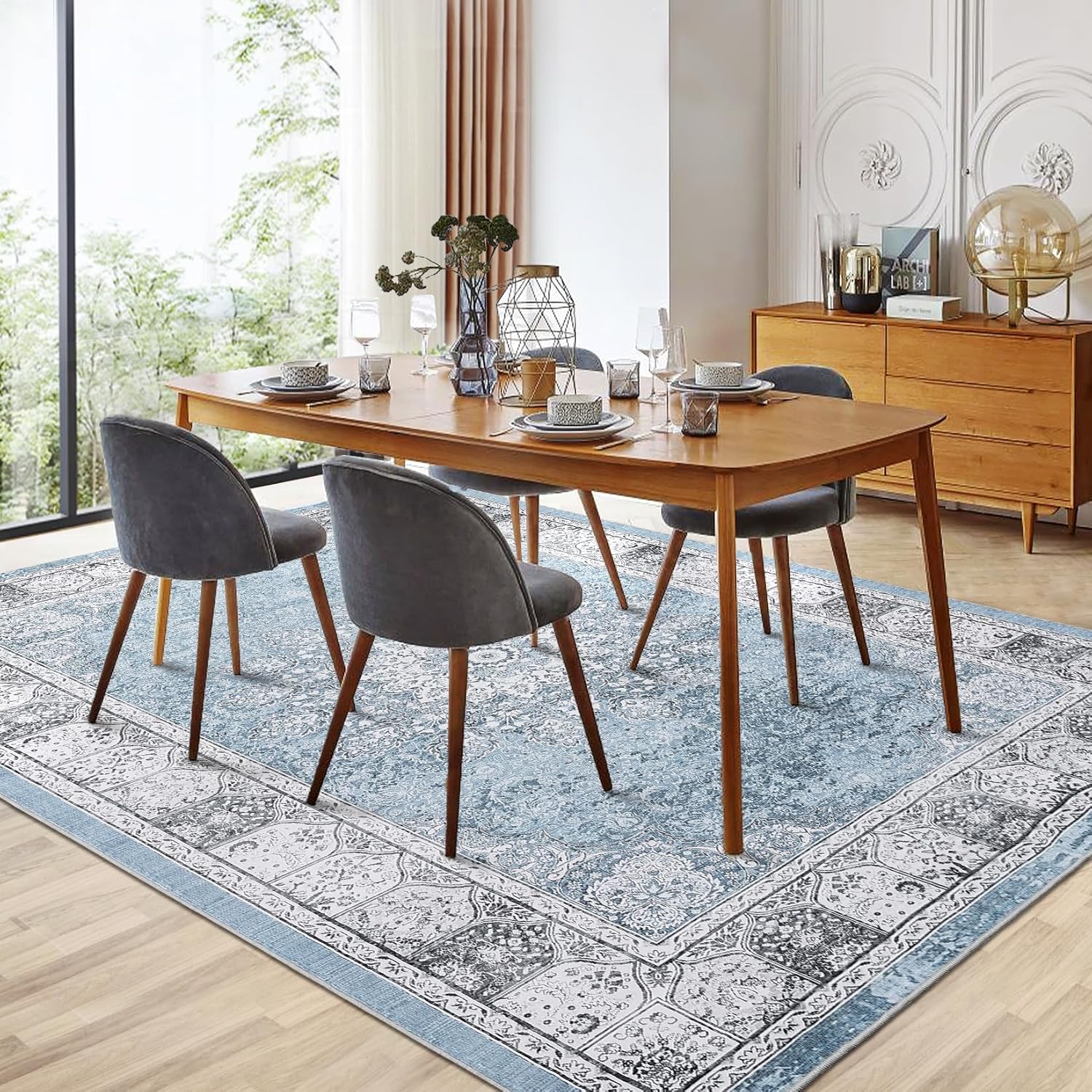 GarveeHome 9x12 Area Rugs, Washable Rug for Living Room, Floral Print Rug, Vintage Rug Distressed Indoor Traditional Mat, Foldable Thin Rug, Non Slip Carpet for Bedroom, Dining Room, Home Office
