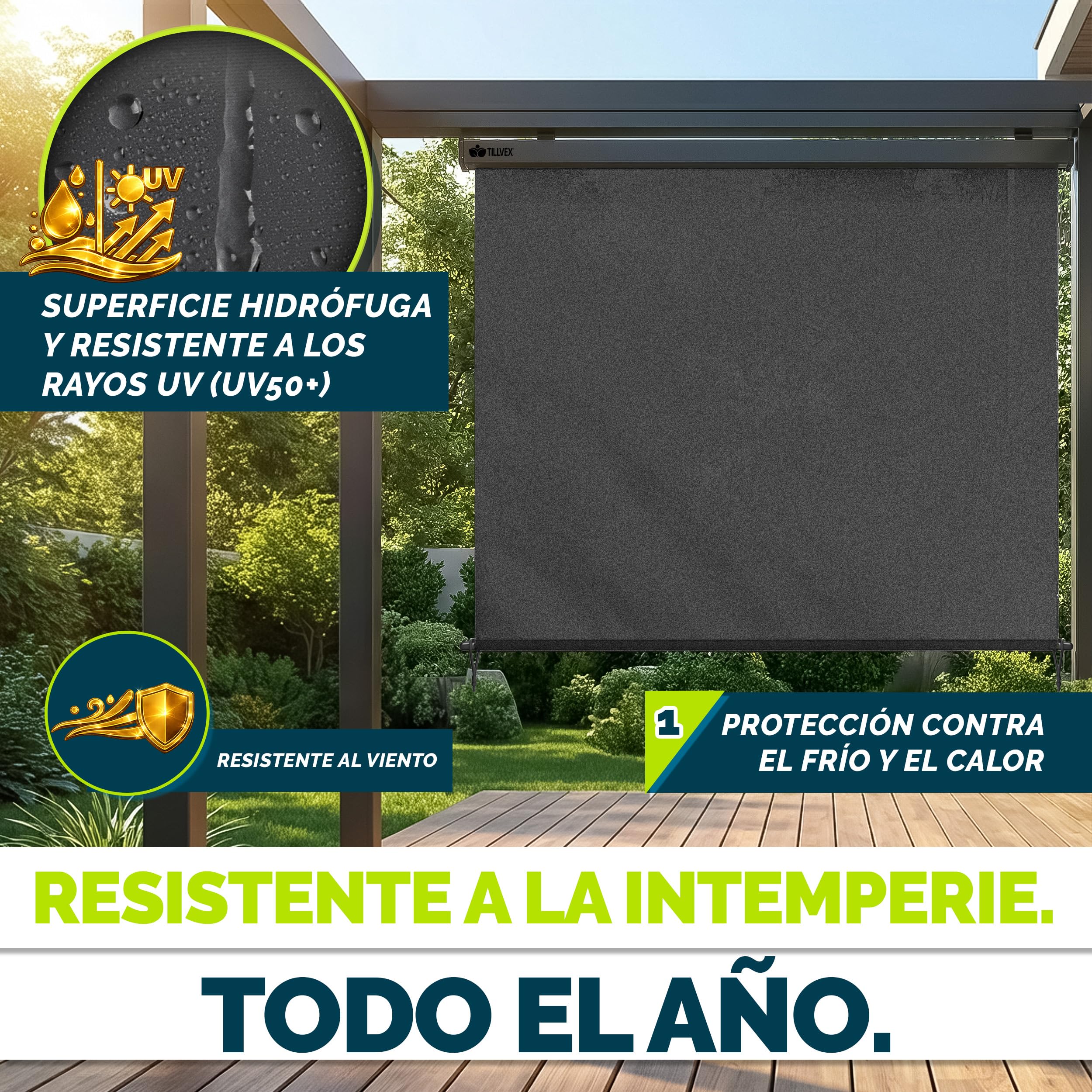 tillvex® Toldo Vertical de 200 x 250 cm para Exterior e Interior con Cubierta | Resistente al Agua con manivela para balcón, terraza y jardín | Estor para balcón, protección Solar de Aluminio
