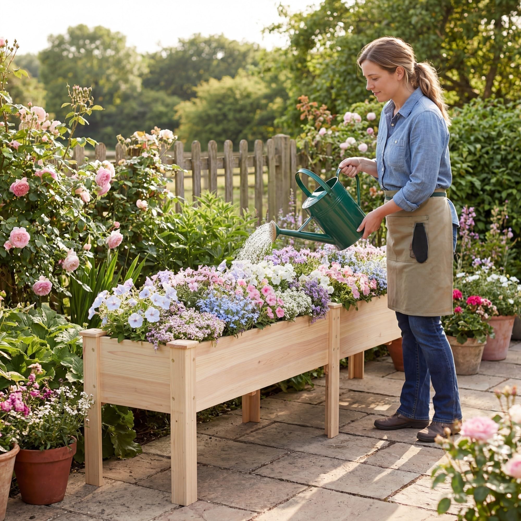 HOMASIS Jardinière Surélevée avec Étagère, Bac à Plantes en Bois de Sapin avec Trou de Drainage, Parterre de Fleurs Surélevé pour Jardin, Balcon, Terrasse (Naturel, 240 x 43,5 x 51,5 cm)