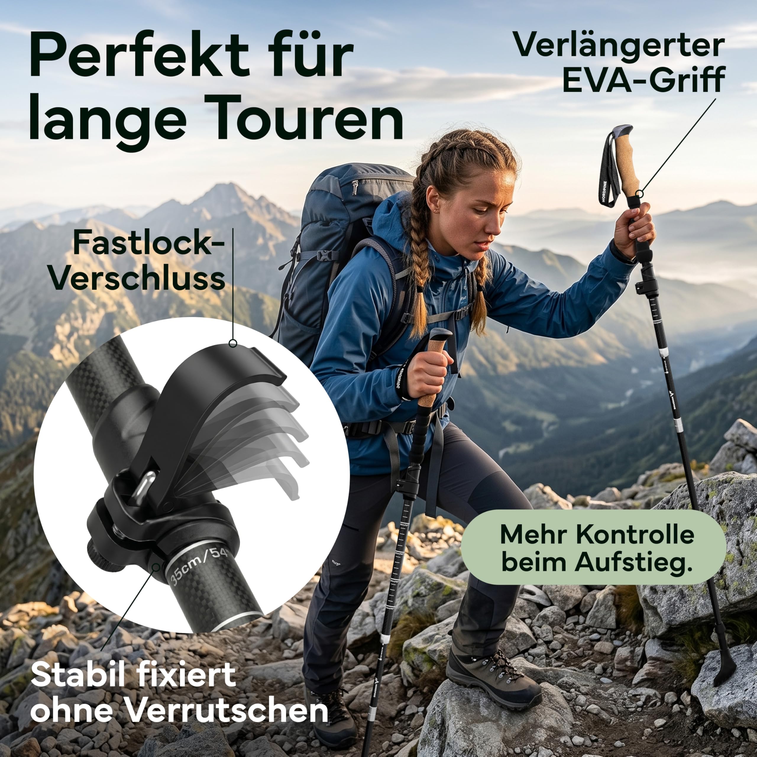 Wanderstöcke faltbar - Carbon & Aluminium für Damen & Herren - Ultraleichte Trekkingstöcke mit Korkgriff & Wolframspitze - Nordic Walking Stöcke mit Gummipuffer - Trekkingstöcke faltbar