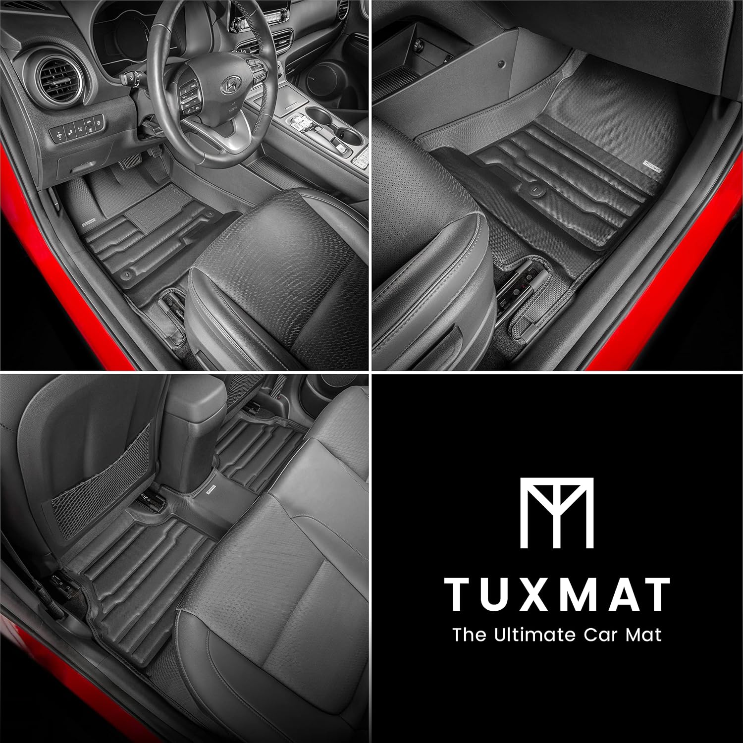 TuxMat - for Hyundai Kona Electric 2019-2023 Models - Custom Car Mats - Maximum Coverage, All Weather, Laser Measured - This Full Set Includes 1st and 2nd Rows Black