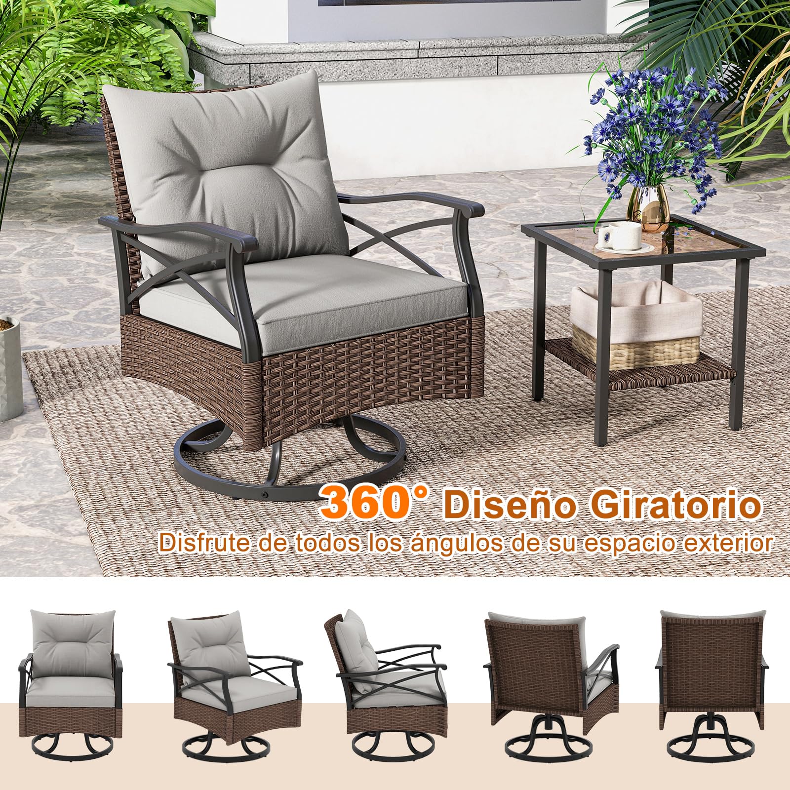COSTWAY Conjunto Jardin Exterior de Ratan 3 Piezas, 2 Mecedoras de 360 Grados, 1 Mesa Auxiliar de Vidrio Templado 2 Niveles, Cojines, Mesa y Sillas Jardin Terraza Balcon