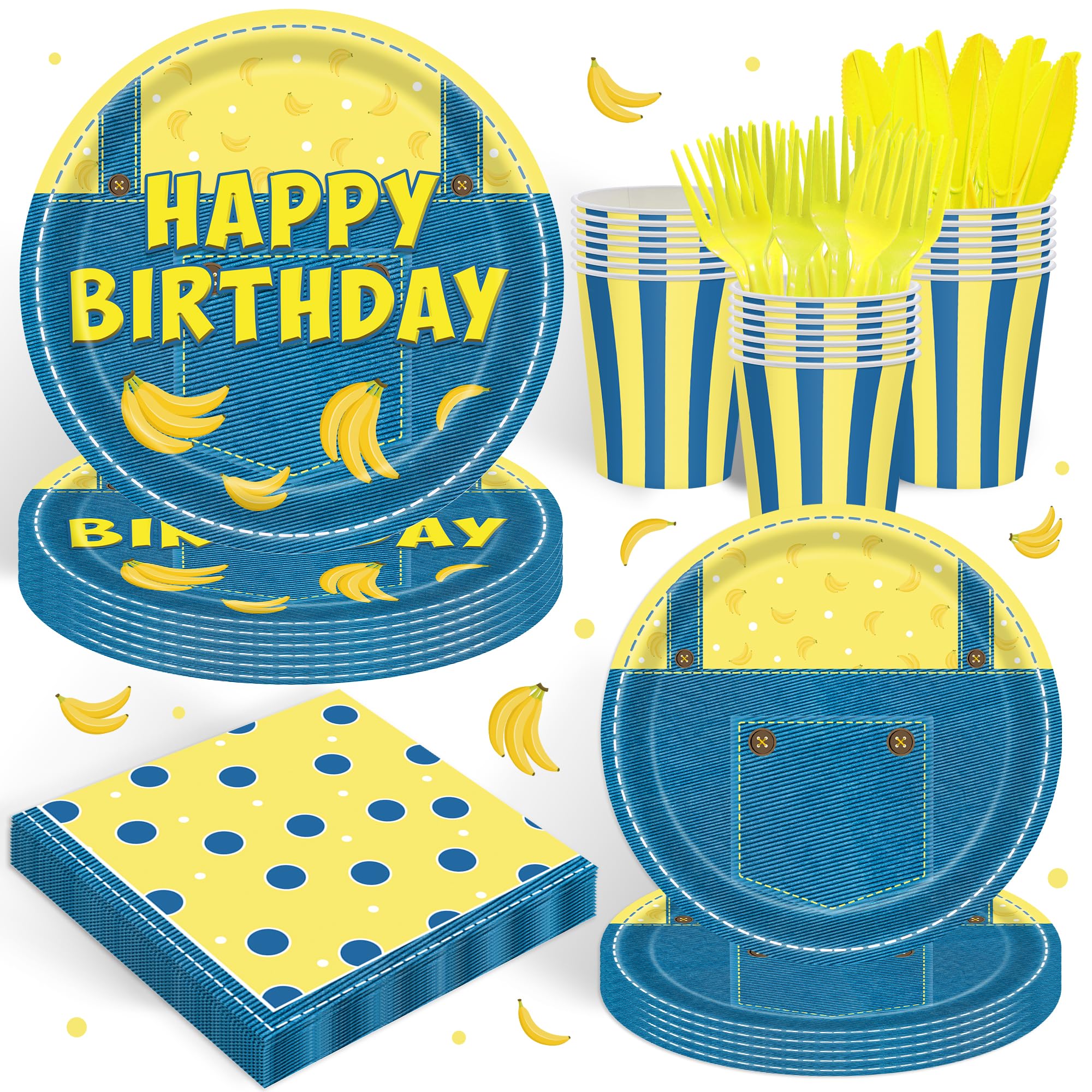 120PCS Yellow Cartoon Themed Party Supplies for Boys Girls 1st 2nd Birthday Party Banana Cake Table Decorations Plates Napkin Cups Tableware Set for 20 Guests