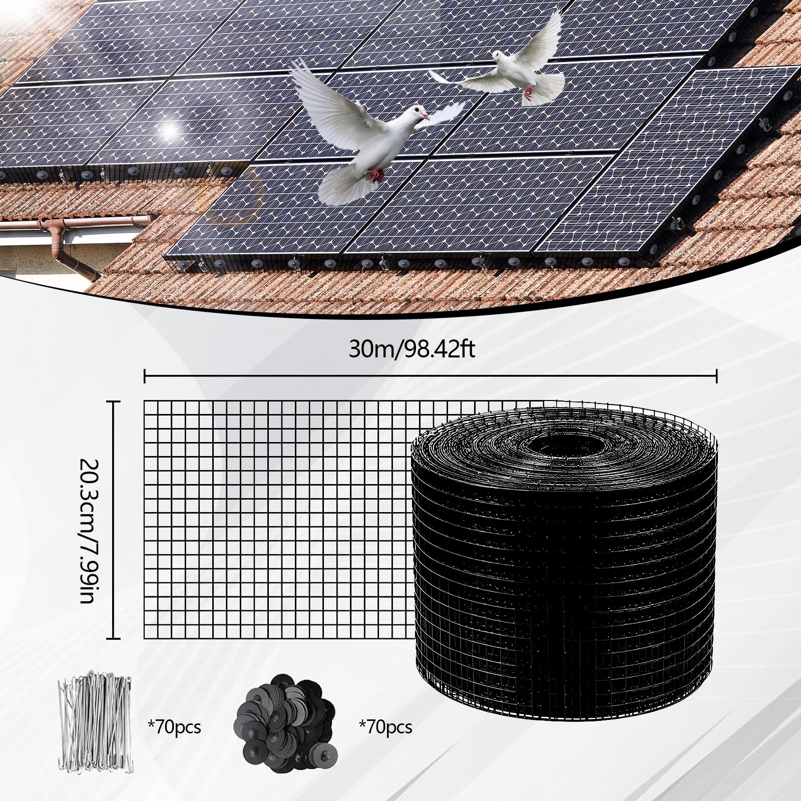 Filet Anti-pigeons pour Panneaux Solaires 20 cm x 30 m, PVC Galvanisé à mailles, anti-pigeons et anti-oiseaux, Protection des Panneaux Solaires, pour Protection des Toits Contre Oiseaux et Animaux