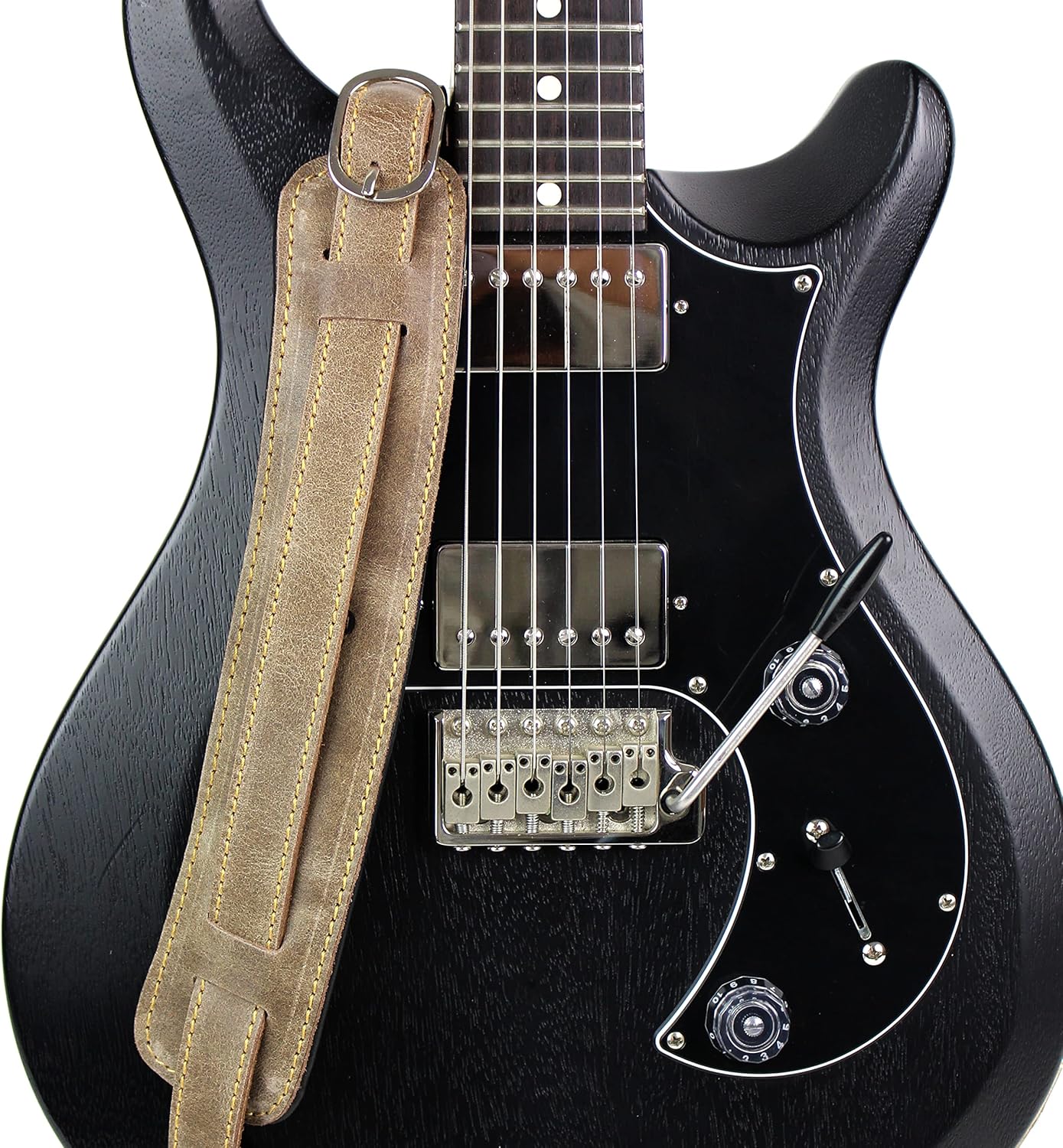 Walker And Williams C-18-LBRN Antique Brown All Premium Grain Leather Vintage Guitar Strap With Brass Buckle Extra Long For Acoustic, Electric, And Bass Guitar