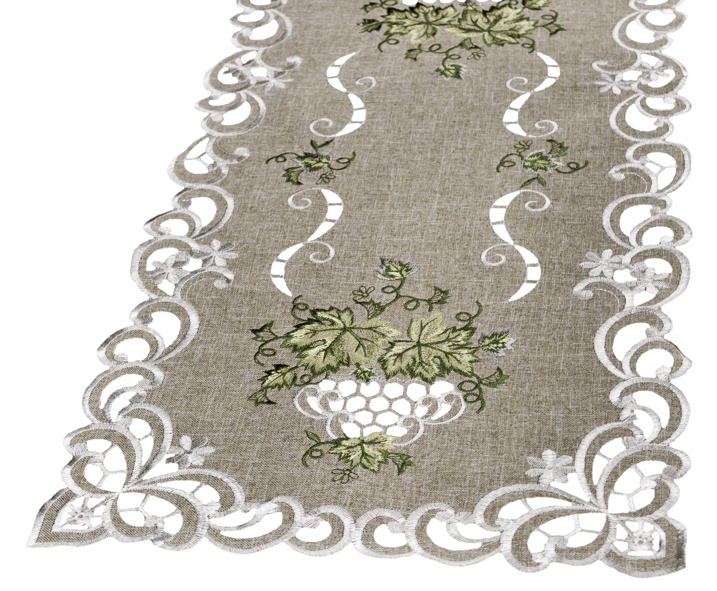 Linens, Art and Things Haftowany zielony liść na antycznej zielonej tkaninie bieżnik na stół, komoda, serwetka na stolik kawowy (16 szer. x 45 l)