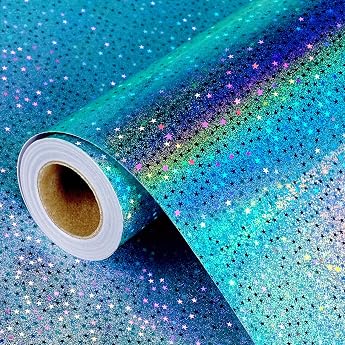 Blue Holographic Wrapping Paper Stars Wrapping Paper Roll for Children and Adults Colorful Metallic Foil Gift Wrapping Paper for Birthday Mother's Day Christmas 43 cm x 10 m