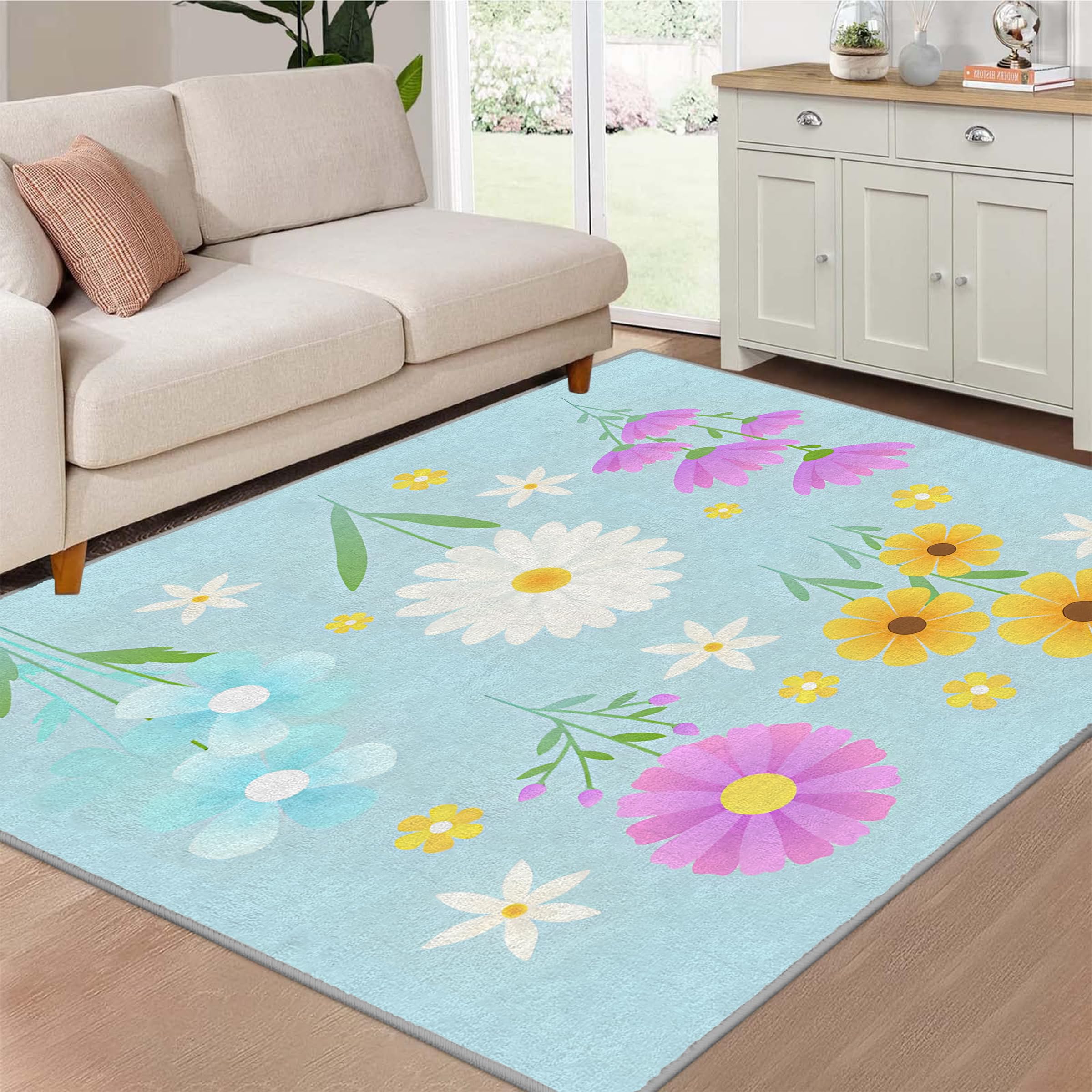 Großer waschbarer Kurzflor-Teppich 200x300 - Blumen Blau Teppiche - Natürliche Ästhetik Dünn Saugfähig Vielseitig Carpet für Wohnzimmer Schlafzimmer Oder Als Bettvorlege A&95