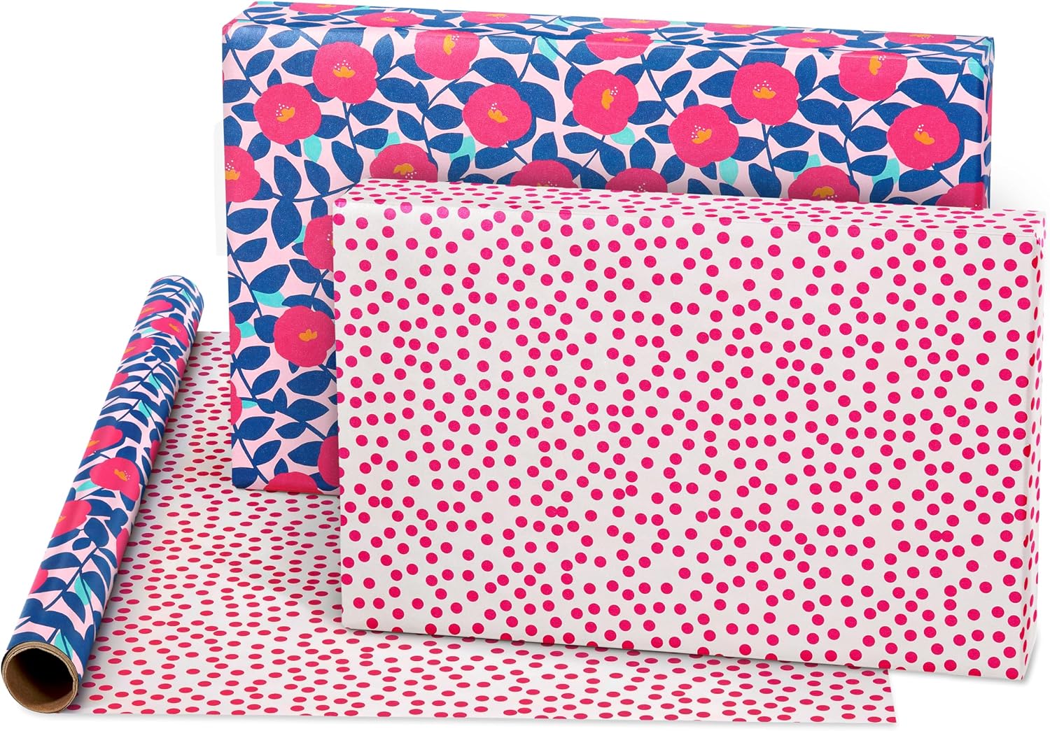 American Greetings Reversible Birthday Wrapping Paper, Floral, Cupcakes, and Polka Dots (4 Rolls, 120 sq. ft)