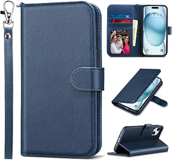 ULAK Compatible with iPhone 15 Wallet Case for Women Men, Premium PU Leather Flip Cover with Card Holder, Kickstand Feature Protective Purse Case for iPhone 15 2023 6.1 Inch, Blue