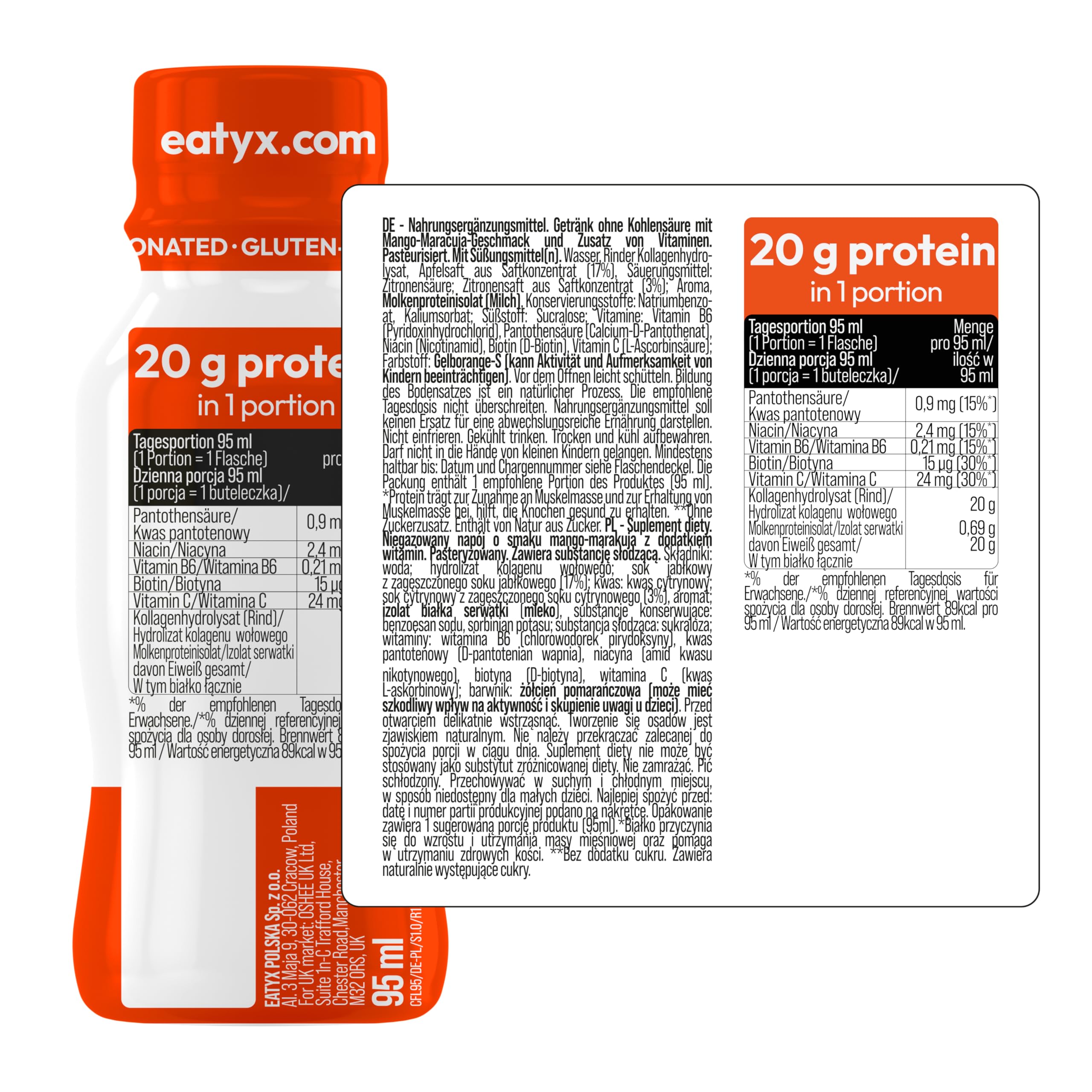 eatyx Hyper Collagen Sport Flex 30 x 95 ml – Miesięczna kuracja zawierająca 20 000 mg kolagenu na porcję – Kolagen do picia dla mięśni i kości – Mango i marakuja – Bez glutenu, bez dodatku cukru