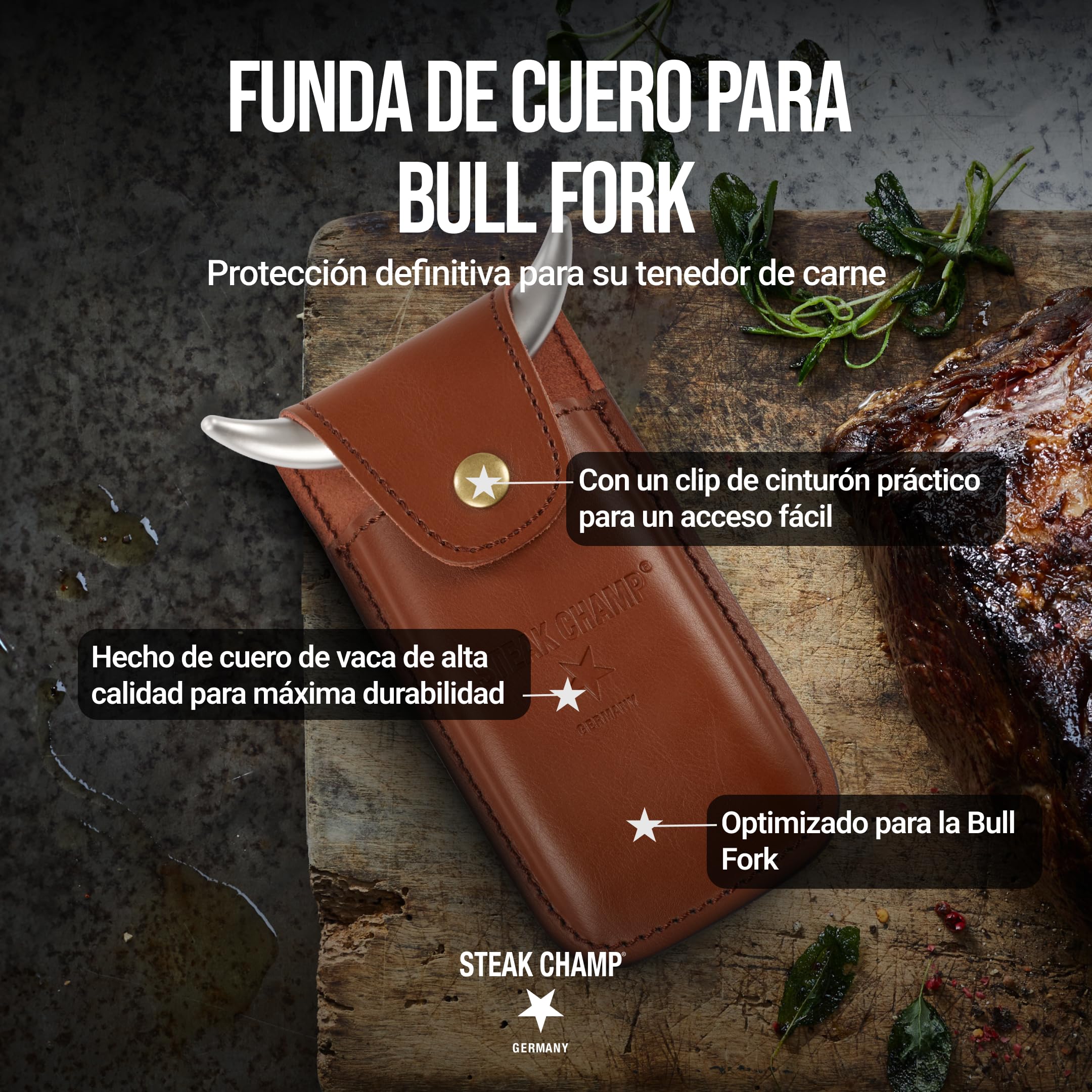 Funda de Cuero Steak Champ para Tenedor de Carne Bull Fork, Fabricada en cuero de alta resistencia, Ideal para Cinturón, con Lengüeta de Seguridad y Botón a Presión