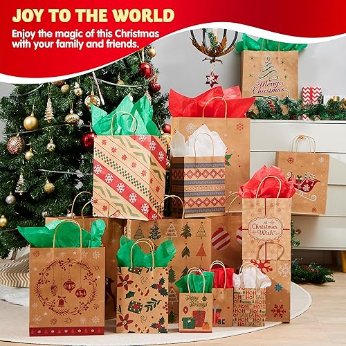 Miniatura 5 de JOYIN 24 bolsas de papel kraft de Navidad, bolsas de dulces de 4 tamaños surtidos con asa para suministros de fiesta de Navidad, envolver regalos de