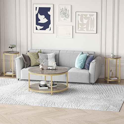 Miniatura 4 de WiberWi Juego de 2 mesas auxiliares redondas, mesa auxiliar moderna con marco de metal dorado y parte superior de mármol sintético, mesita de noche