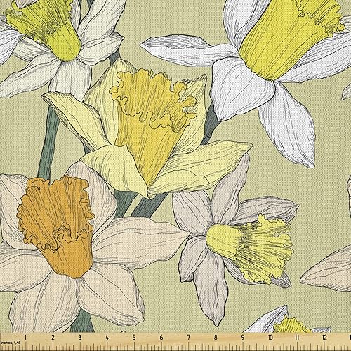 Lunarable Floral Fabric by The Yard, Funky Illustration of Daffodils with Pastel Colors Retro Inspired Art Boho, Microfiber Fabric for Arts and