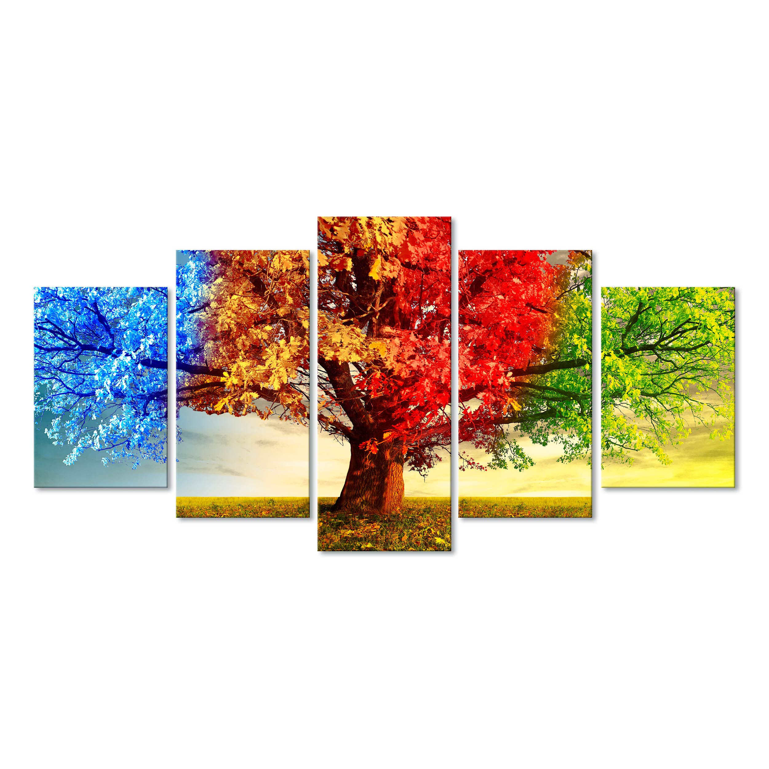 DekoArte - Cuadros Modernos Impresión Imagen Artística| 5 Piezas 200x100cm | Lienzo Decorativo Para Tu Salón o Dormitorio | Estilo Paisaje Árboles Cuatro Estaciones Del Año XXL
