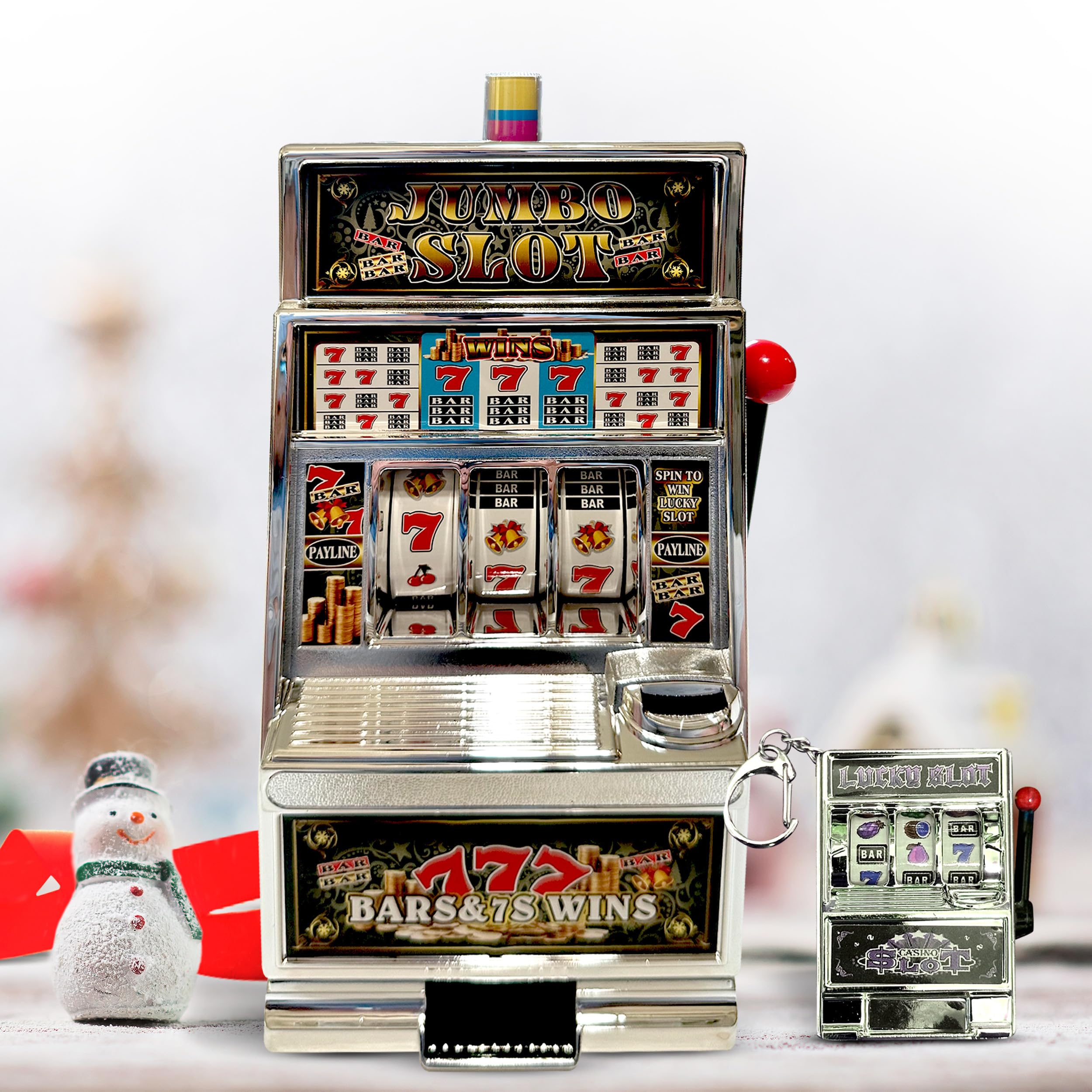 Amazon.com: 777 巨型老虎機賭場玩具存錢罐複製品帶閃光燈和累積獎金警報聲音和免費工作銀777 插槽鑰匙圈: 玩具和遊戲