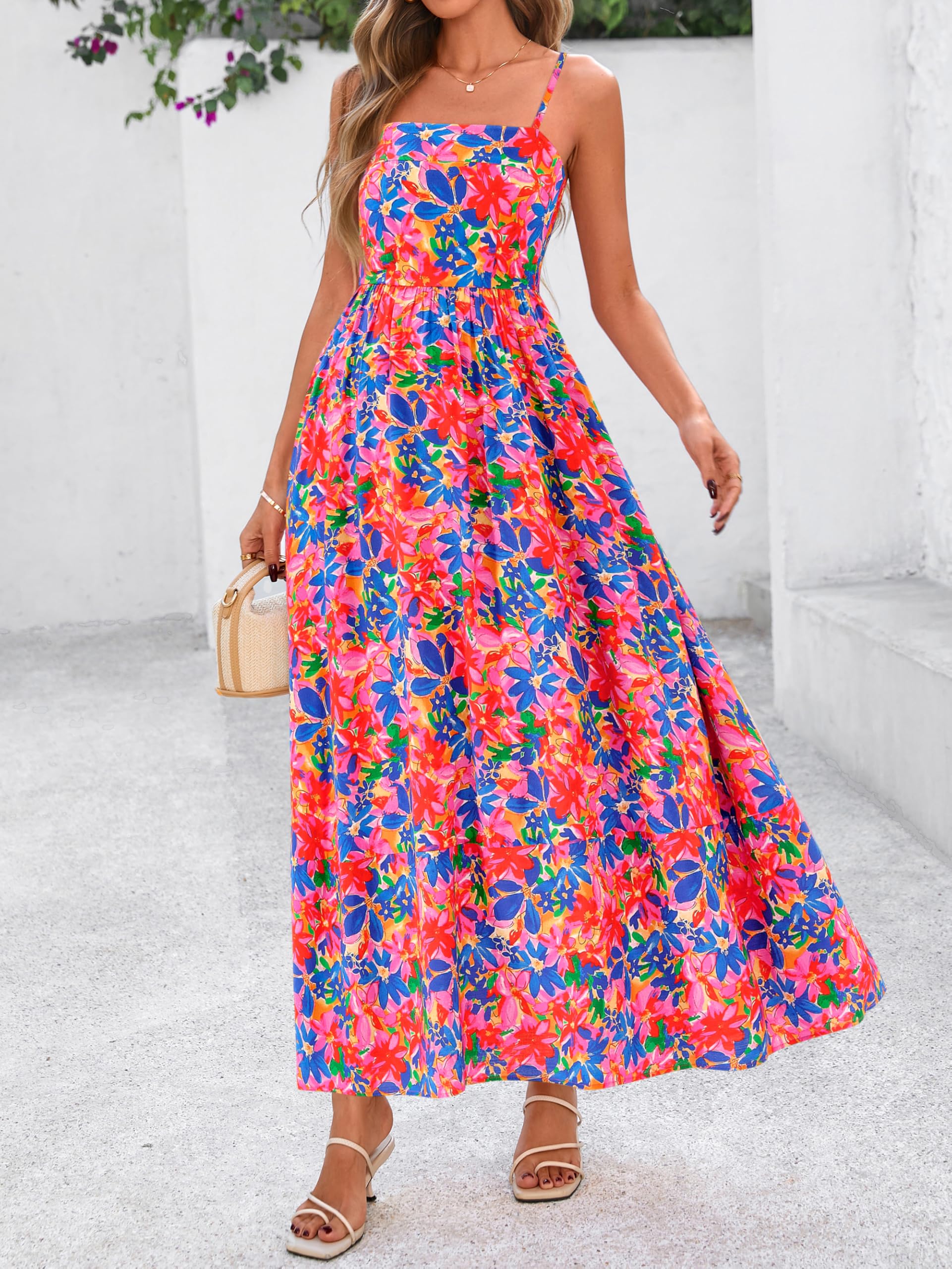 PRETTYGARDEN Sommerkleid für Damen, Spaghettiträger, Blumenmuster, Boho-Stil, für Party und Hochzeit
