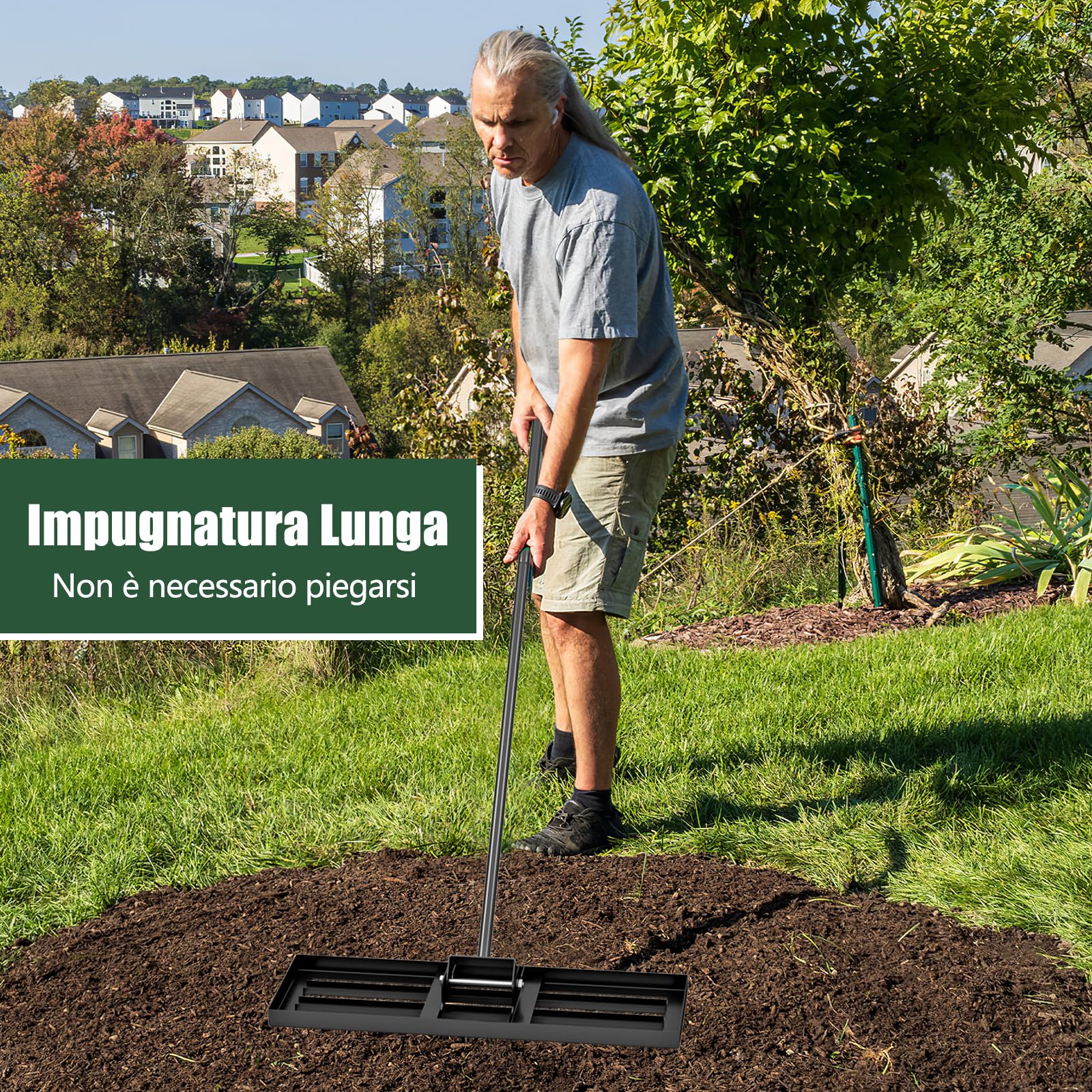 COSTWAY Rastrello Livellatore per Prato, Attrezzo per la Livellatura del Prato con Manico Ergonomico, Livellatrice per Giardino, Cortile, Campo da Golf, Fattoria e Pascolo (Nero 75 x 25 cm)