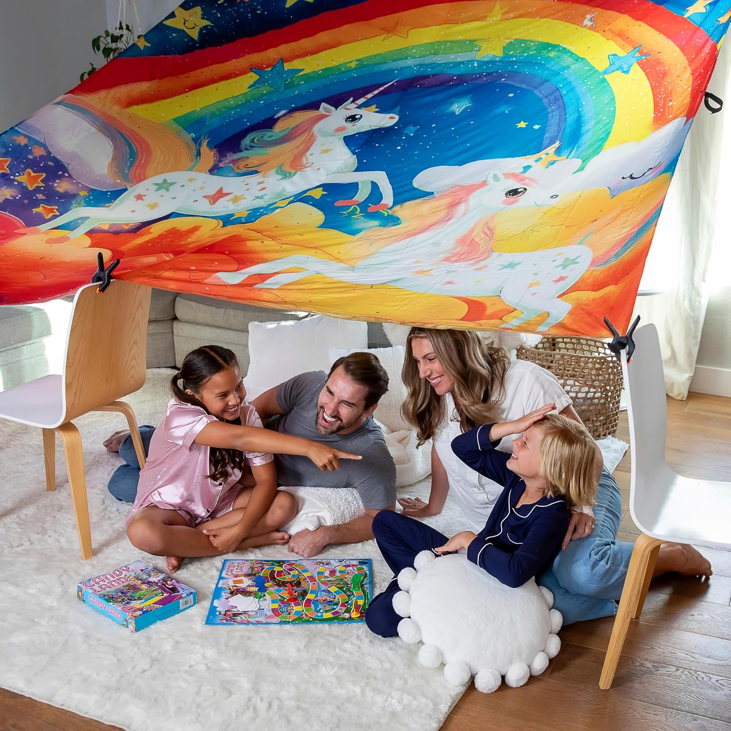 Fort Building Kit Blanket, X-Large 10' x 10' with Clips, Hooks and Sandbags, Play Blanket Fort Indoor Kit, Use as a Canopy, Play Stage Background - Unicorn