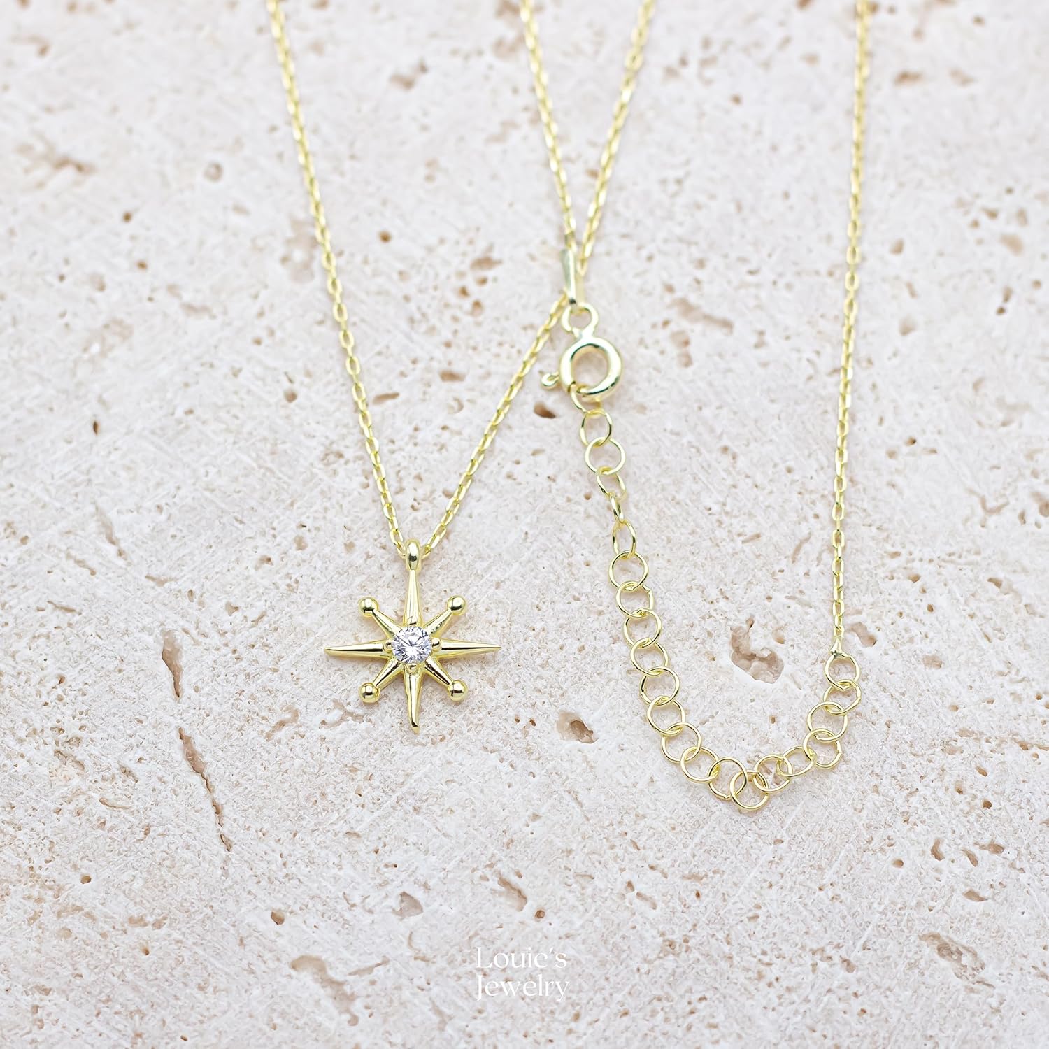 14K Gold Plated Starburst Pendant Necklace, North Star Necklace, Starburst Pendant, 925 Sterling Silver Jewelry, Handmade Jewelry, Gift for All - Image 3
