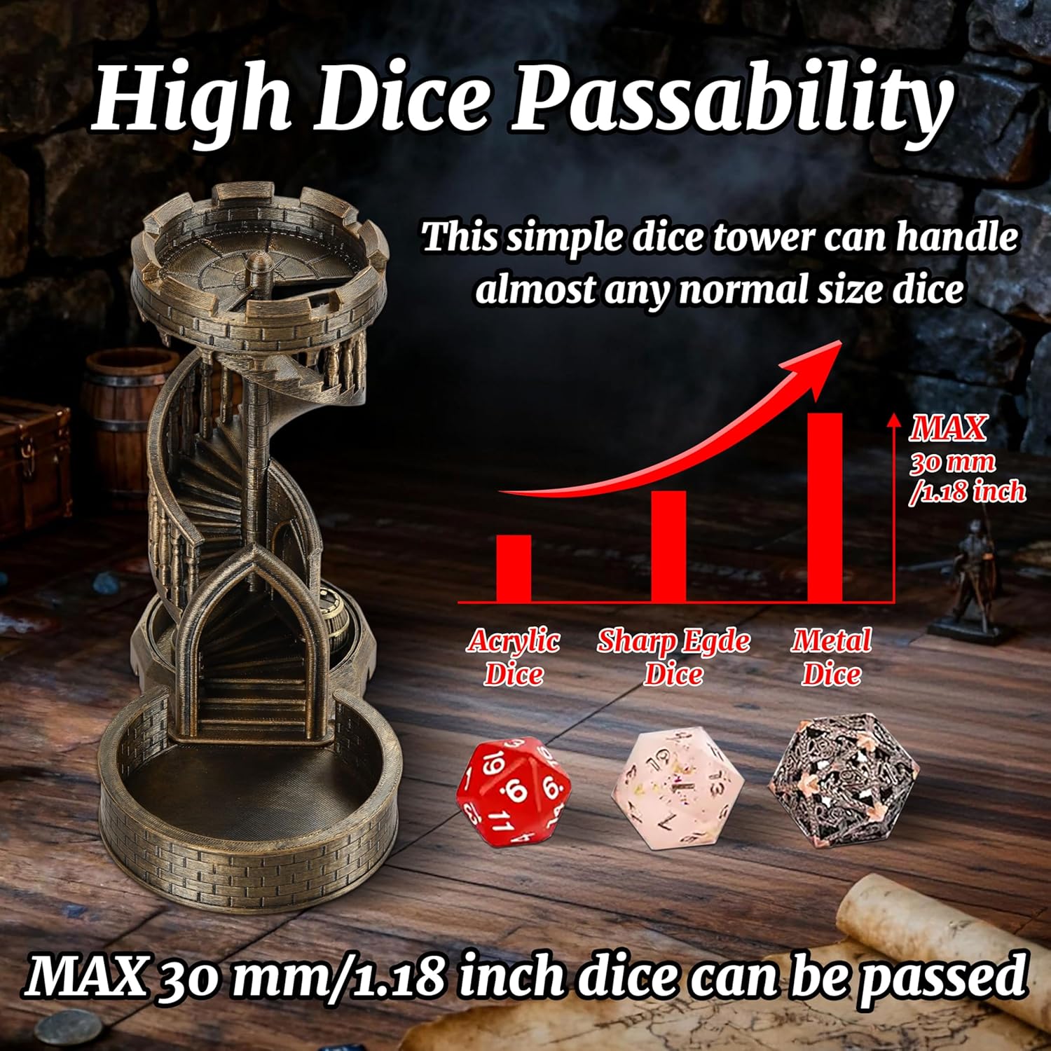 AUSPDICE Dice Rolling Tower and Tray Retro Castle Mold Color for Tabletop Games, D&D and RPG Games (Bronze Color)