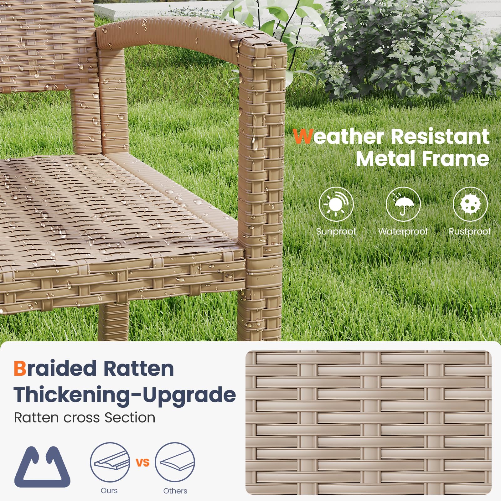 UDPATIO Gartenbank Wetterfest aus Polyrattan, Rattan Sitzbank Outdoor, Terrassenbank mit Armlehnen & Rückenlehne, Balkon Bank 320kg belastbar für Garten, Terrasse, Beige