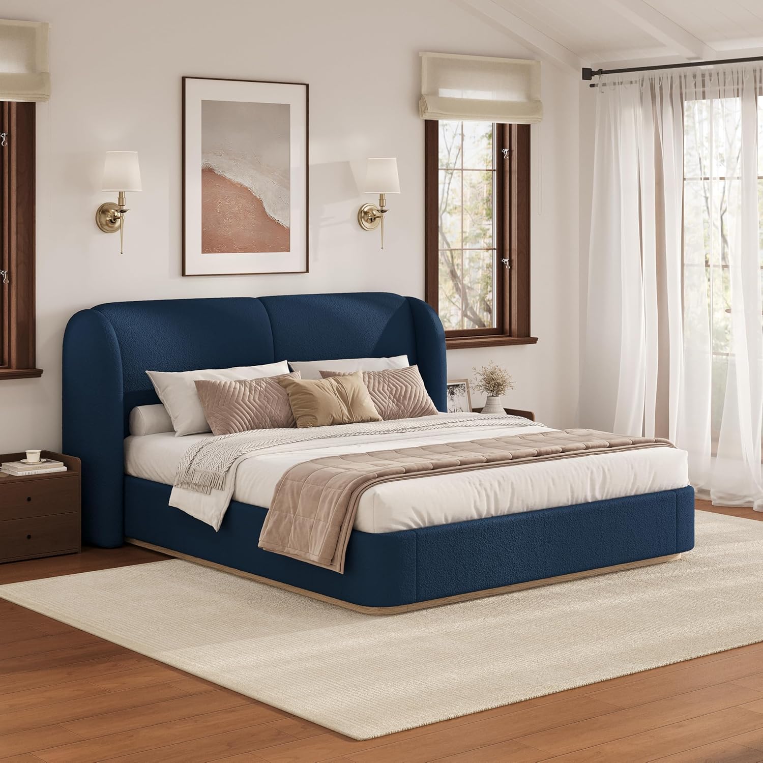 Christopher Knight Home Zita Boucle Upholstered Queen Bed Frame with Headboard, Wing Back Platform Bed, Wooden Queen Size Bed Frame, No Box Spring Needed, Slats Panel Support, Heavy Duty, Dark Blue