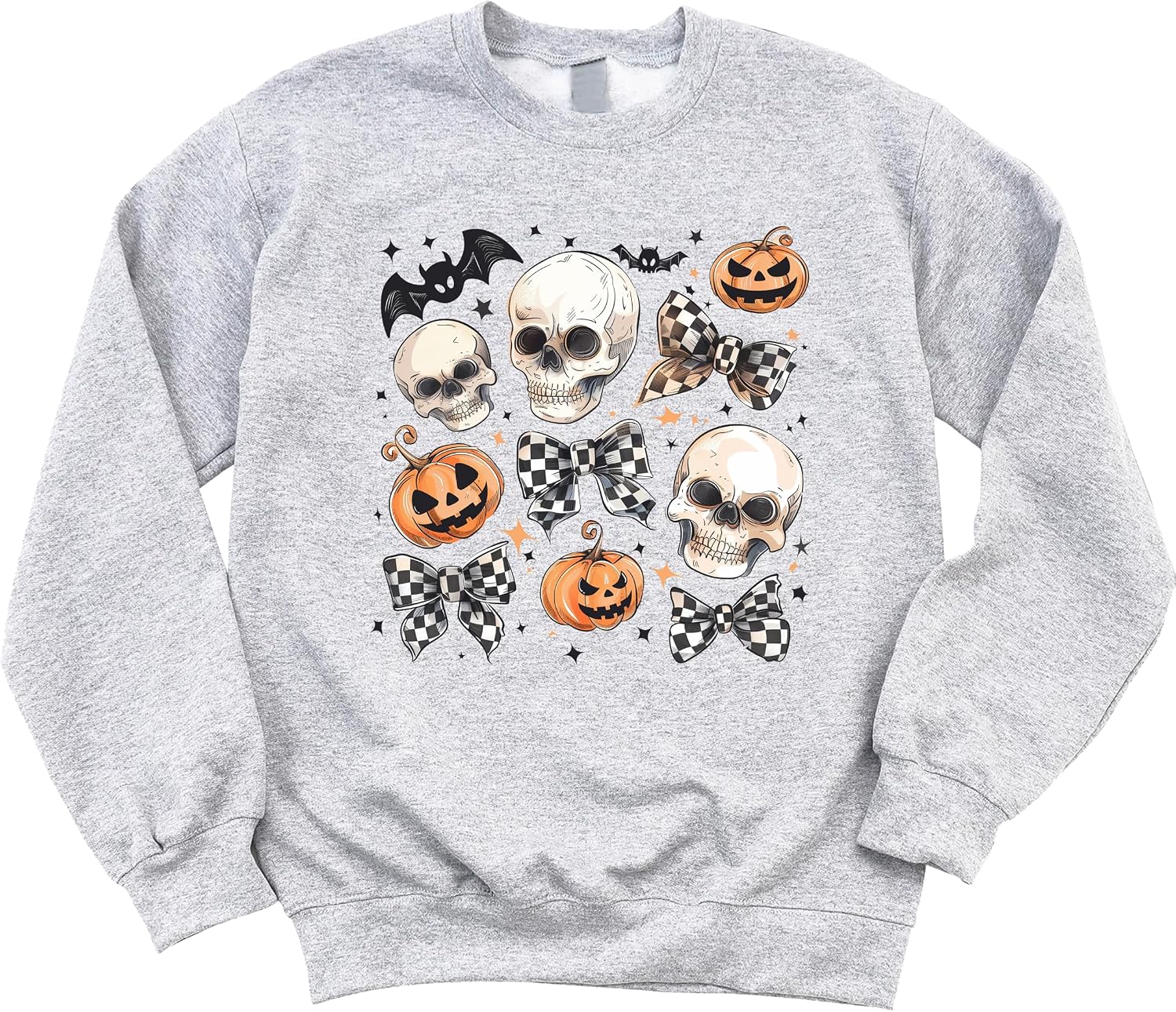 Olive Loves Apple Pumpkin, Skull and Checkered Bow Sweatshirt for Women, Teens & Youth Spooky Sweater